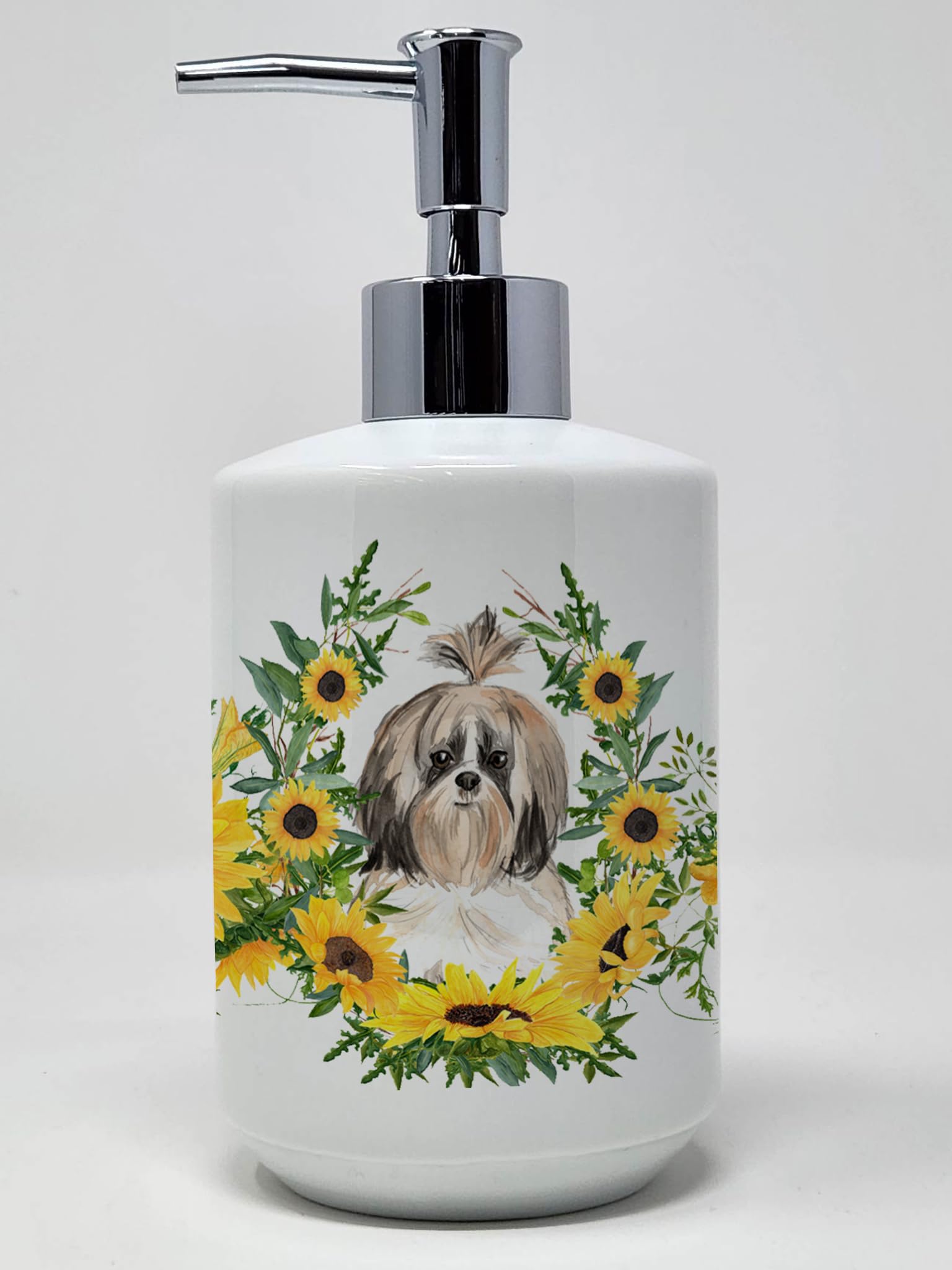 Caroline's Treasures CK2962SOAP Sheltie in Sunflowers Ceramic Soap Dispenser Hand Soap Dispenser Pump Bottles for Bathroom Kitch