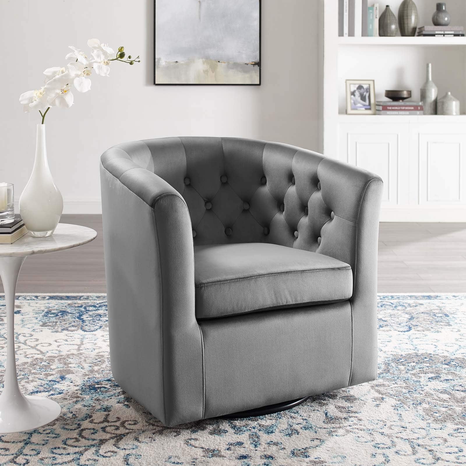 Modway Eei-4138-Lgr Prospect Tufted Performance Velvet Swivel Armchair, Light Gray