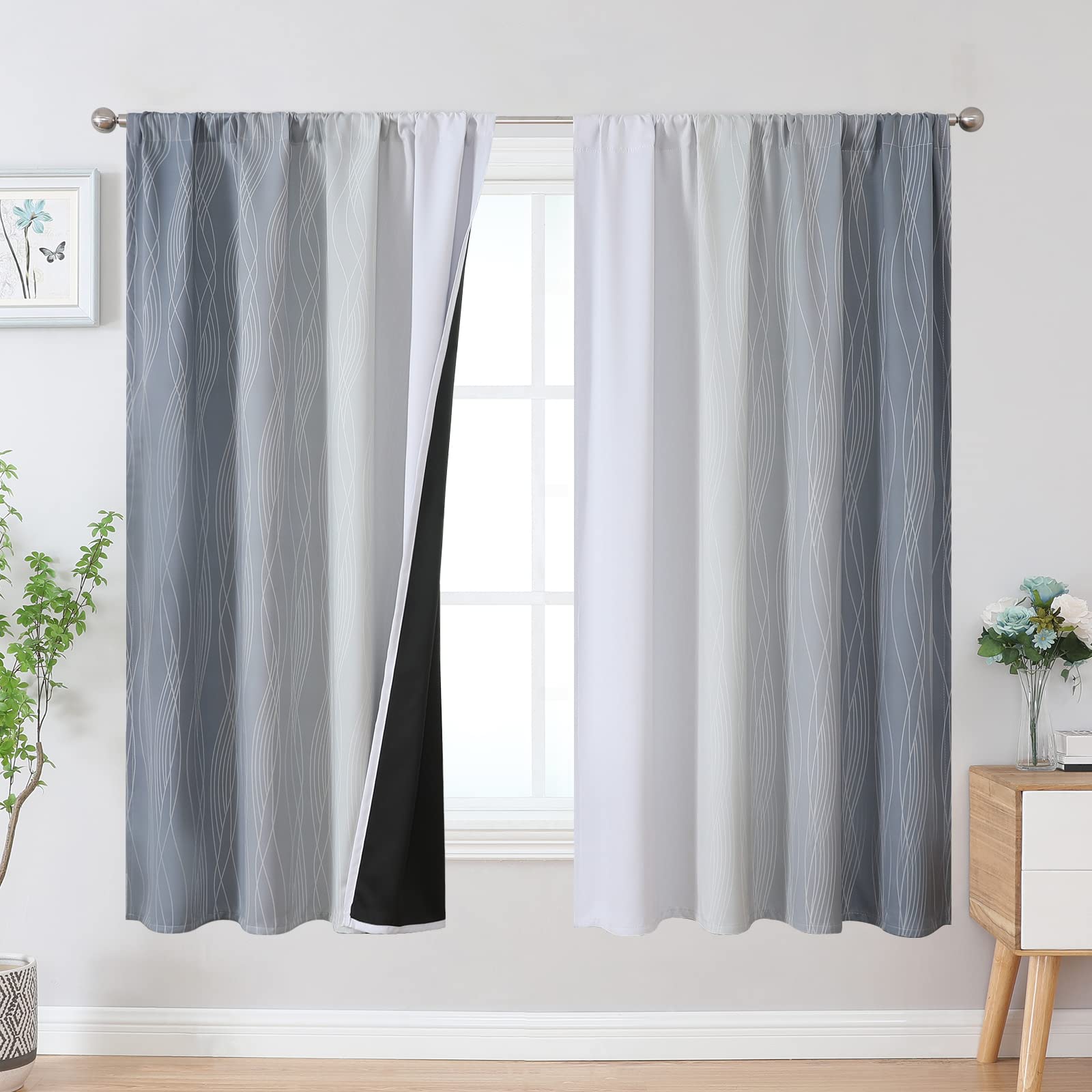 Estelar Textiler Rod Pocket Gray And White Blackout Curtains 63 Inches Long, Full Light Blocking Window Curtains For Bedroom, Th