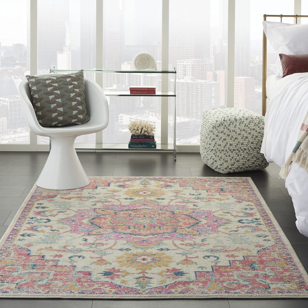 HomeRoots Ivory/Pink Polypropylene 4’ x 6’ Ivory and Pink Medallion Area Rug
