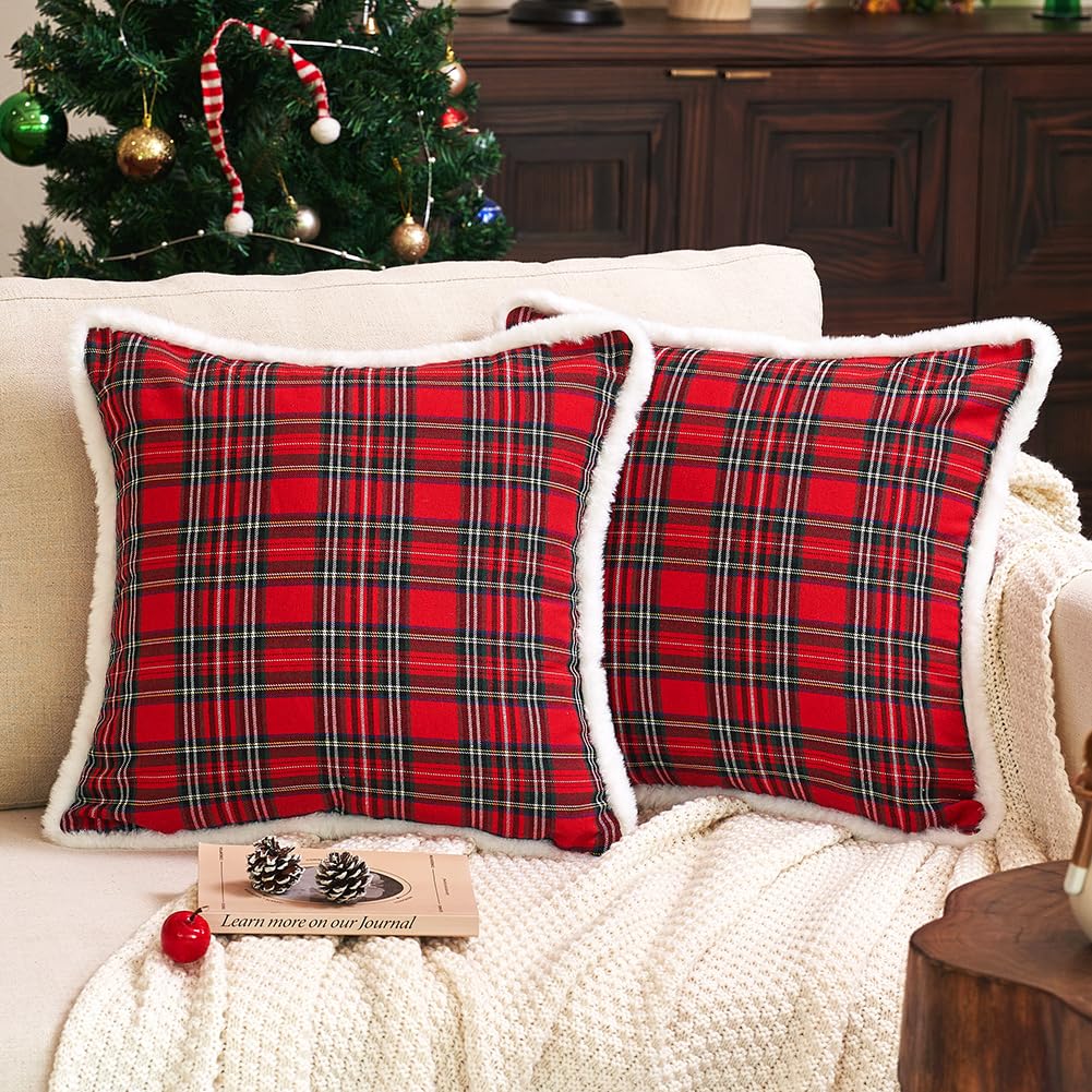 Jojogogo Christmas Red Tartan Plaid Pillow Covers 20X20 Set Of 2 With Trim, 20 X 20 Fluffy Red Christmas Outdoor Throw Pillow Co