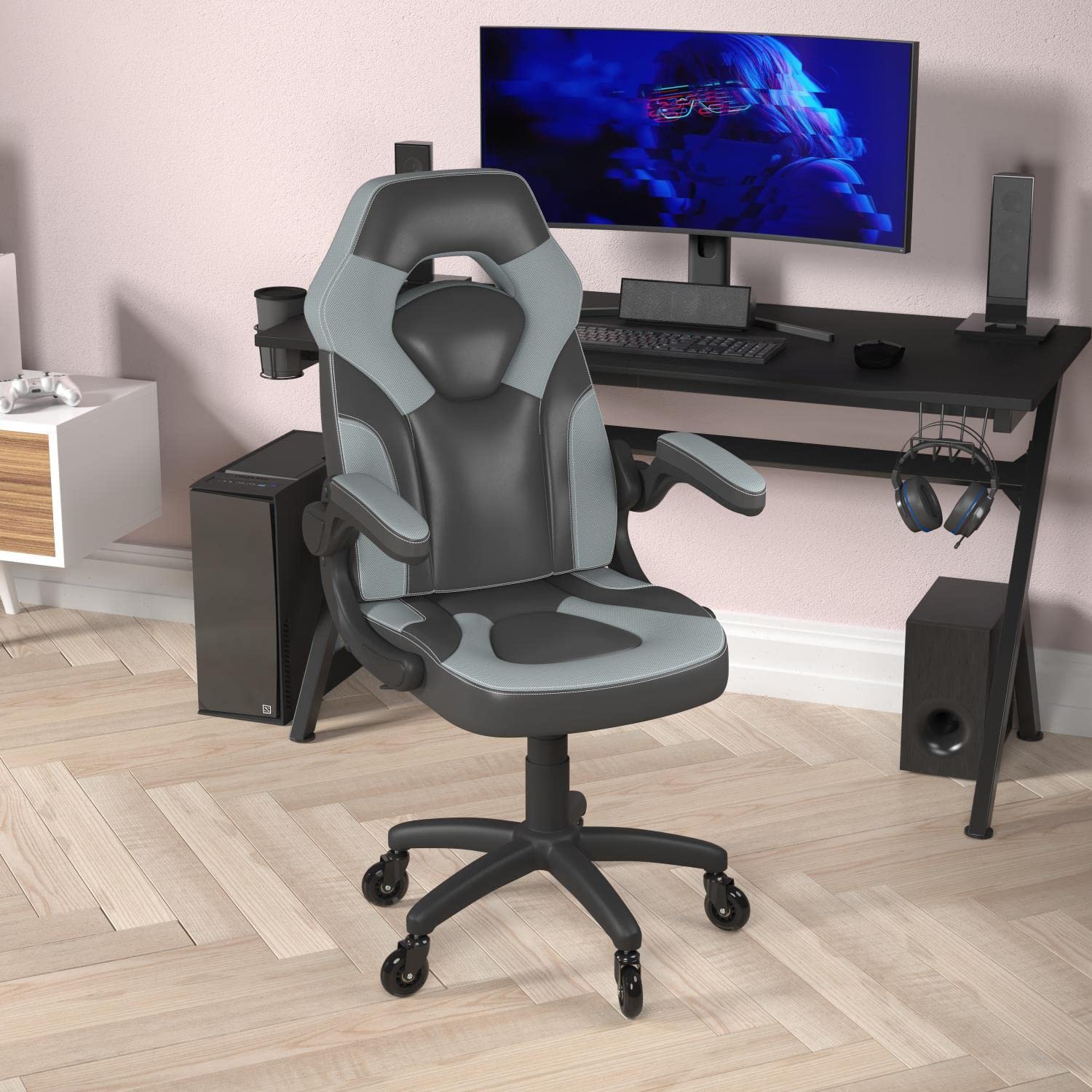 Flash Furniture X10 Gaming Chair Racing Office Computer Pc Adjustable Chair With Flip-Up Arms And Transparent Roller Wheels, Gray/Black Leathersoft