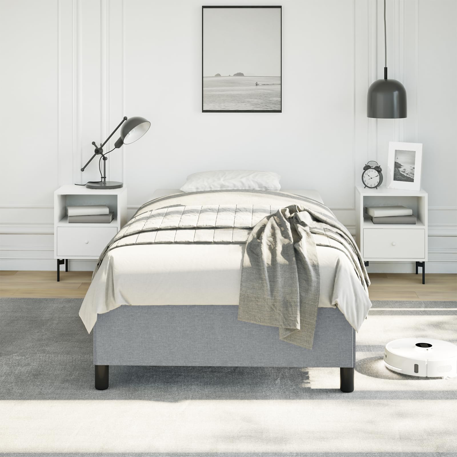 vidaXL Twin XL Size Bed Frame with Plywood Slats, Platform Bed Frame, Fabric Upholstered Mattress Foundation, No Box Spring Needed & Easy Assembly, Light Gray, Without Mattress
