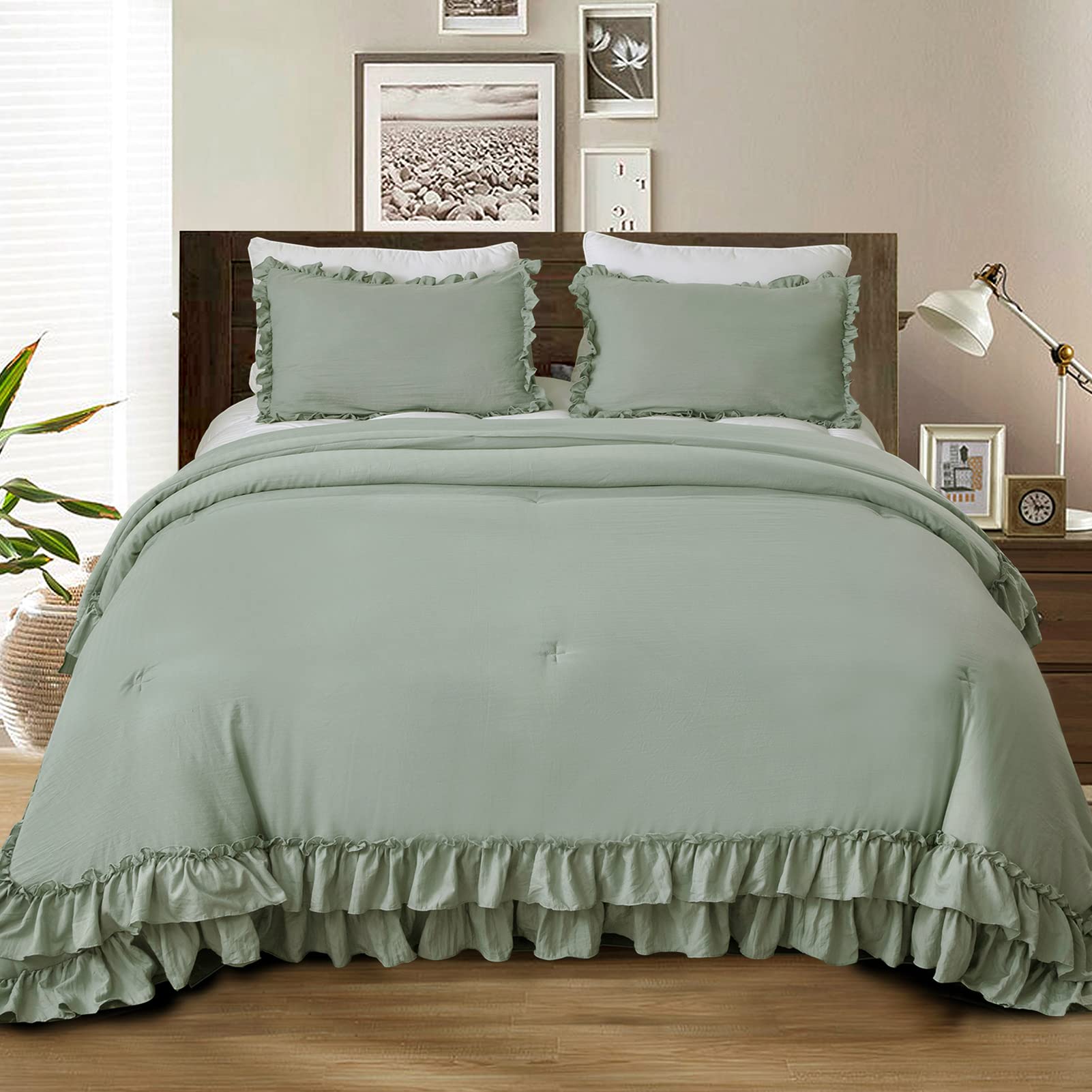 Masaca Sage Green Ruffle Comforter Set Queen,Vintage Farmhouse Shabby Ruffled Chic Bedding Comforter,Rustic Aesthetic Bedding 3
