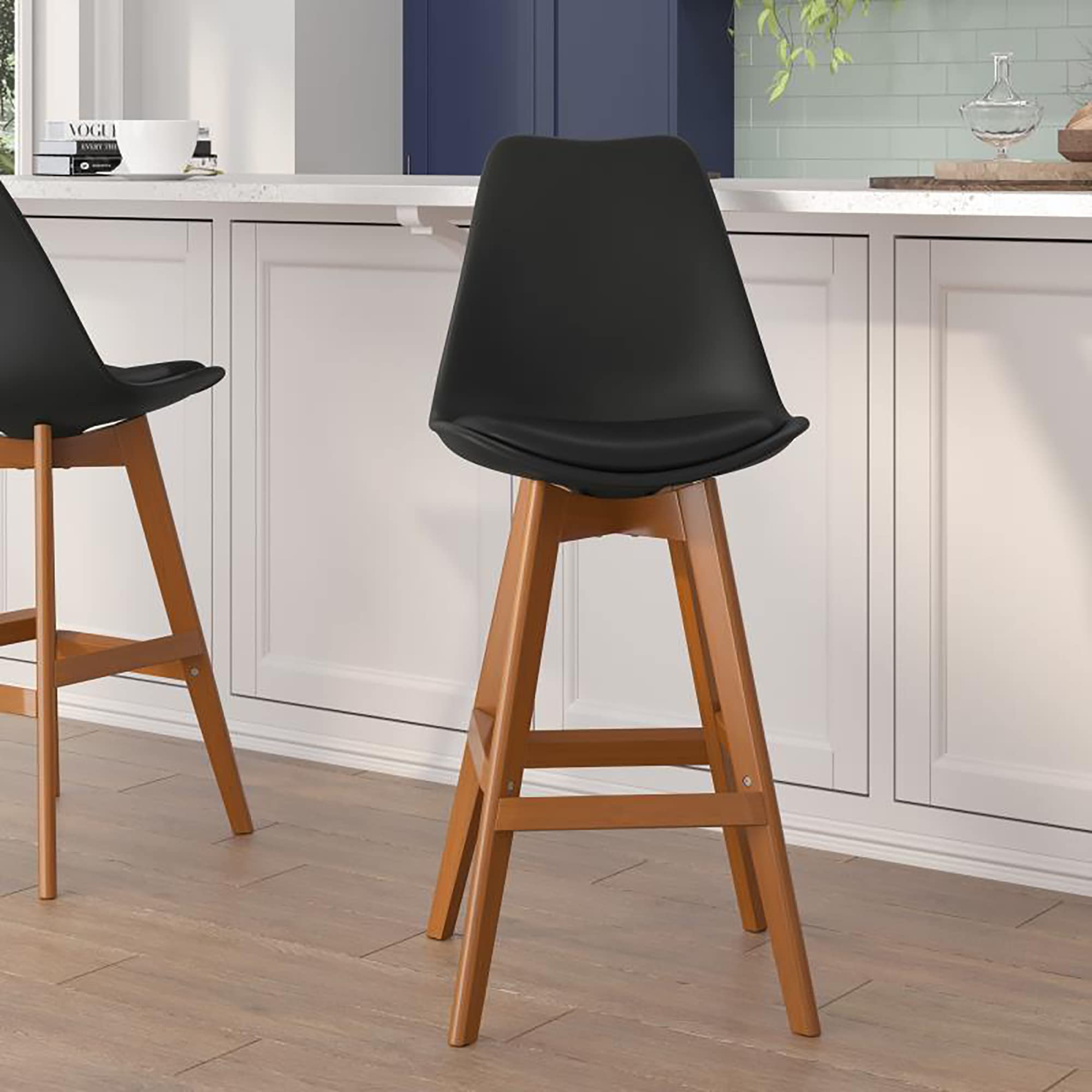 Flash Furniture Dana Set of 2 Modern Commercial Counter Stools - Black Plastic Backrest - LeatherSoft Padded Seat - 27 Inch Counter Stools - Walnut Finish Wood Frame
