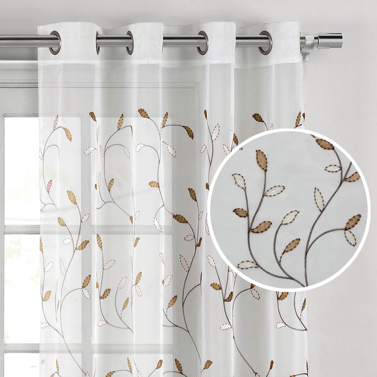 Window Elements Wavy Leaves Embroidered Sheer Grommet Curtain Panel, Chocolate