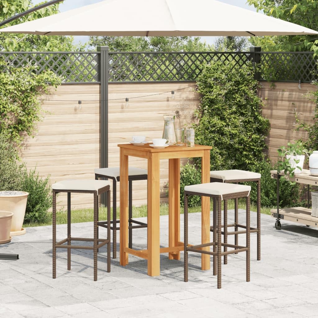 vidaXL 5-Piece Patio Bar Set with Square Solid Acacia Wood Table and PE Rattan Bar Stools - Brown, Cream-White Cushions