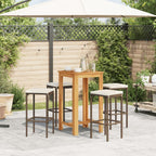 vidaXL 5-Piece Patio Bar Set with Square Solid Acacia Wood Table and PE Rattan Bar Stools - Brown, Cream-White Cushions