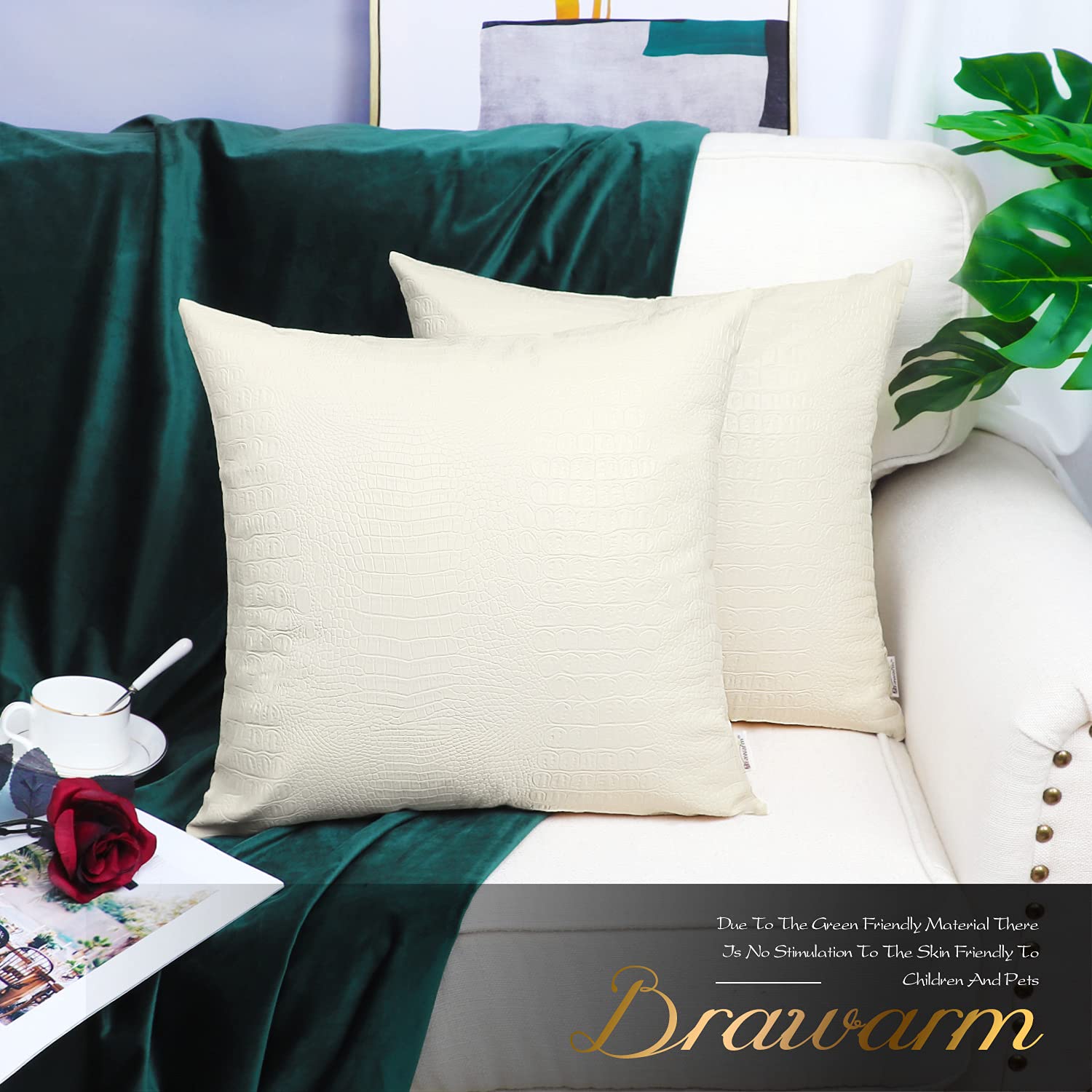 Brawarm Faux Leather Pillow Covers 18 X 18 Inches, Ivory White Leather Pillow Covers Pack Of 2, Crocodile Leather Decorative Thr
