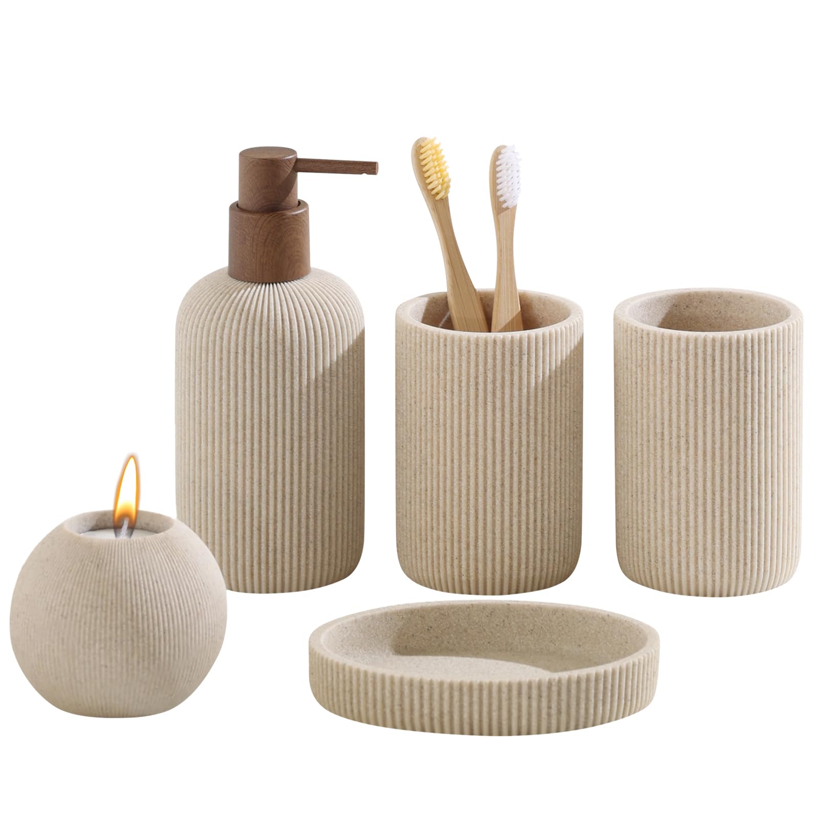WUUAHOME Bathroom Accessories Set, 5 PCS Sandstone Look Stripe Modern Bath Organizer with Soap Dispenser, Toothbrush Holder, Tum