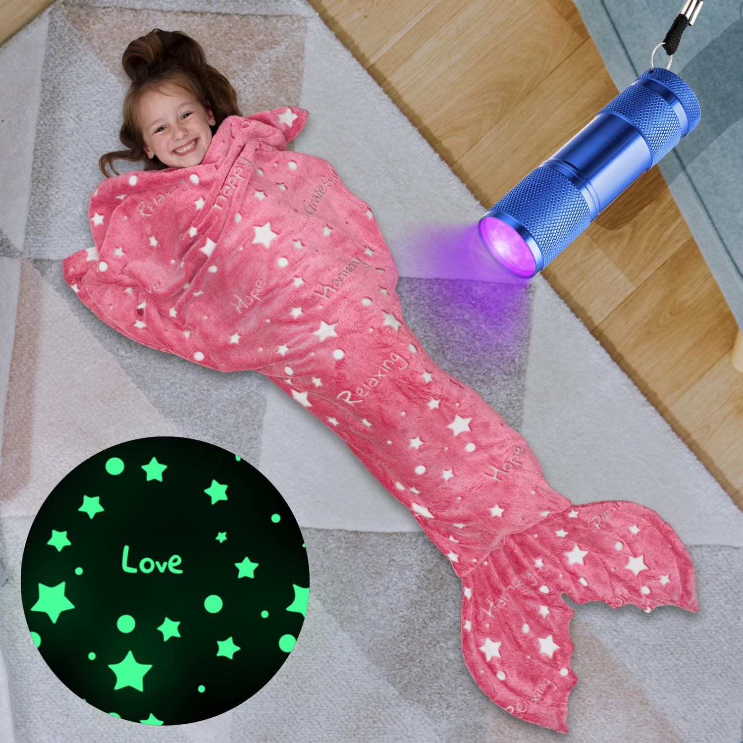 Mermaid Tail Blanket For Girls,Glow In The Dark Blanket, Snuggle Girls Throw, Plush Cozy Soft Fleece Girls Blanket Age 1-10, Tod