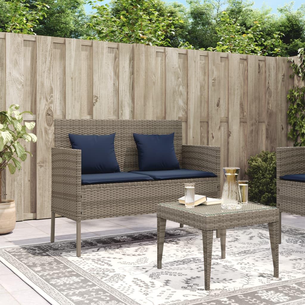 vidaXL Outdoor Patio Bench with Storage and Cushions - Gray Poly Rattan, Powder-Coated Steel Frame, Navy Blue Polyester Cover
