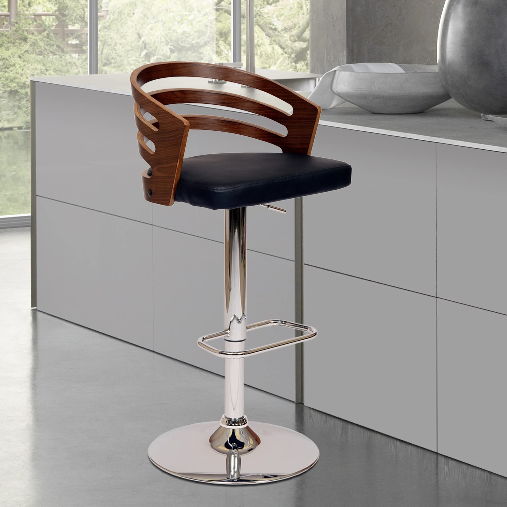 HomeRoots Chrome Metal, Walnut Vaneer, Leatherette Black Faux Leather Walnut and Chrome Adjustable Swivel Bar Stool