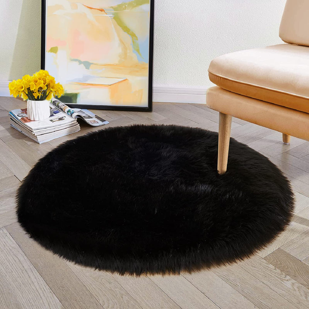 Orinova Black Round Rugs 6Ft Fluffy Washable Faux Sheepskin Shaggy Fur Rugs For Bedroom Plush Shag Rug For Living Room Nursery L