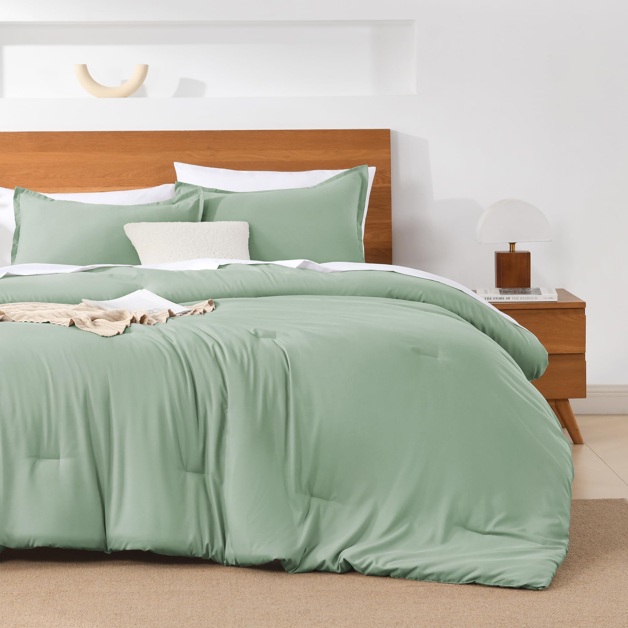 Andency Sage Green Queen Comforter Set - 7 Pieces Bed In A Bag Queen Bedding Comforter Sets, Summer Solid Soft Lightweight Comforter With Fitted Sheets, Flat Sheets, Pillowcases & Shams