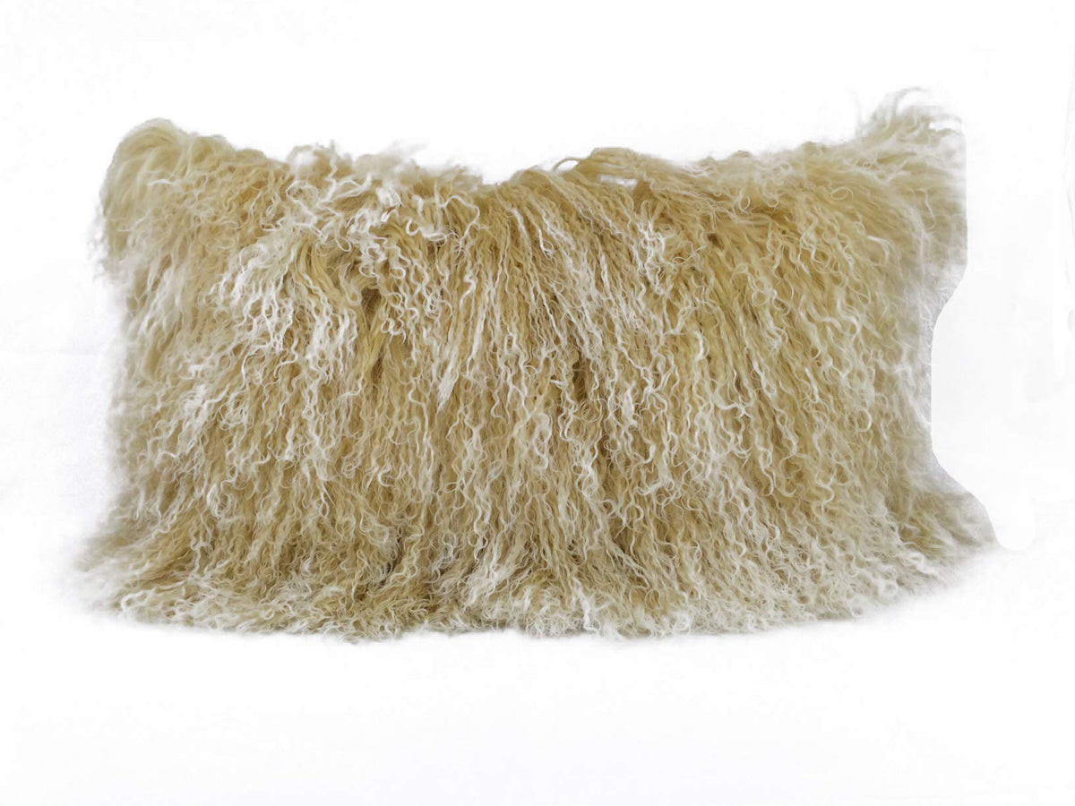 HomeRoots Gold with White Tips Genuine Tibetan Lamb Front with Microsuede Backing 17' Gold Genuine Tibetan Lamb Fur Pillow with Microsuede Backing