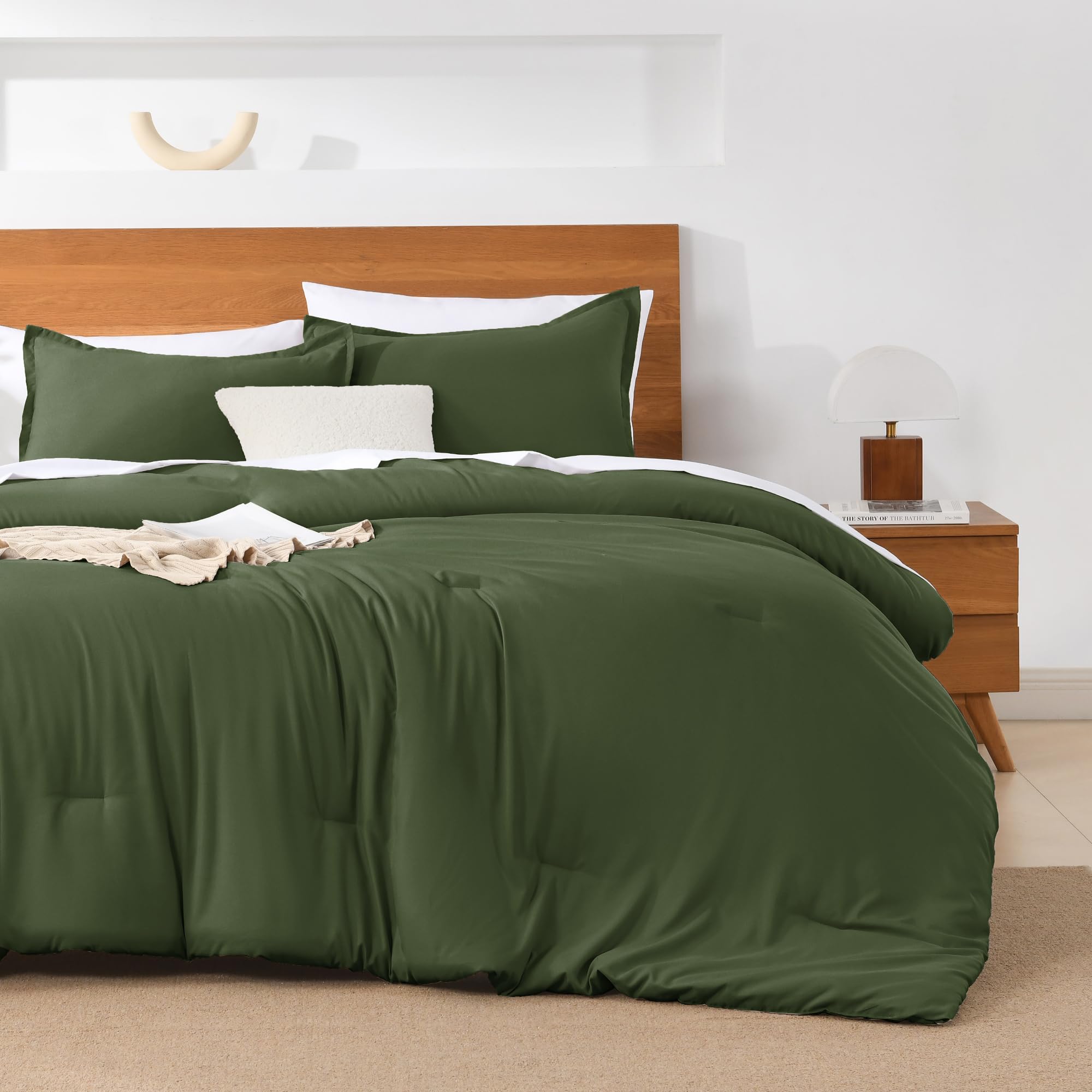 Andency Olive Green Comforter King Size - 7 Pieces Dark Green Bed In A Bag King Bedding Comforter Sets, Summer Plain Soft Lightweight Comforter With Fitted Sheets, Flat Sheets, Pillowcases & Shams