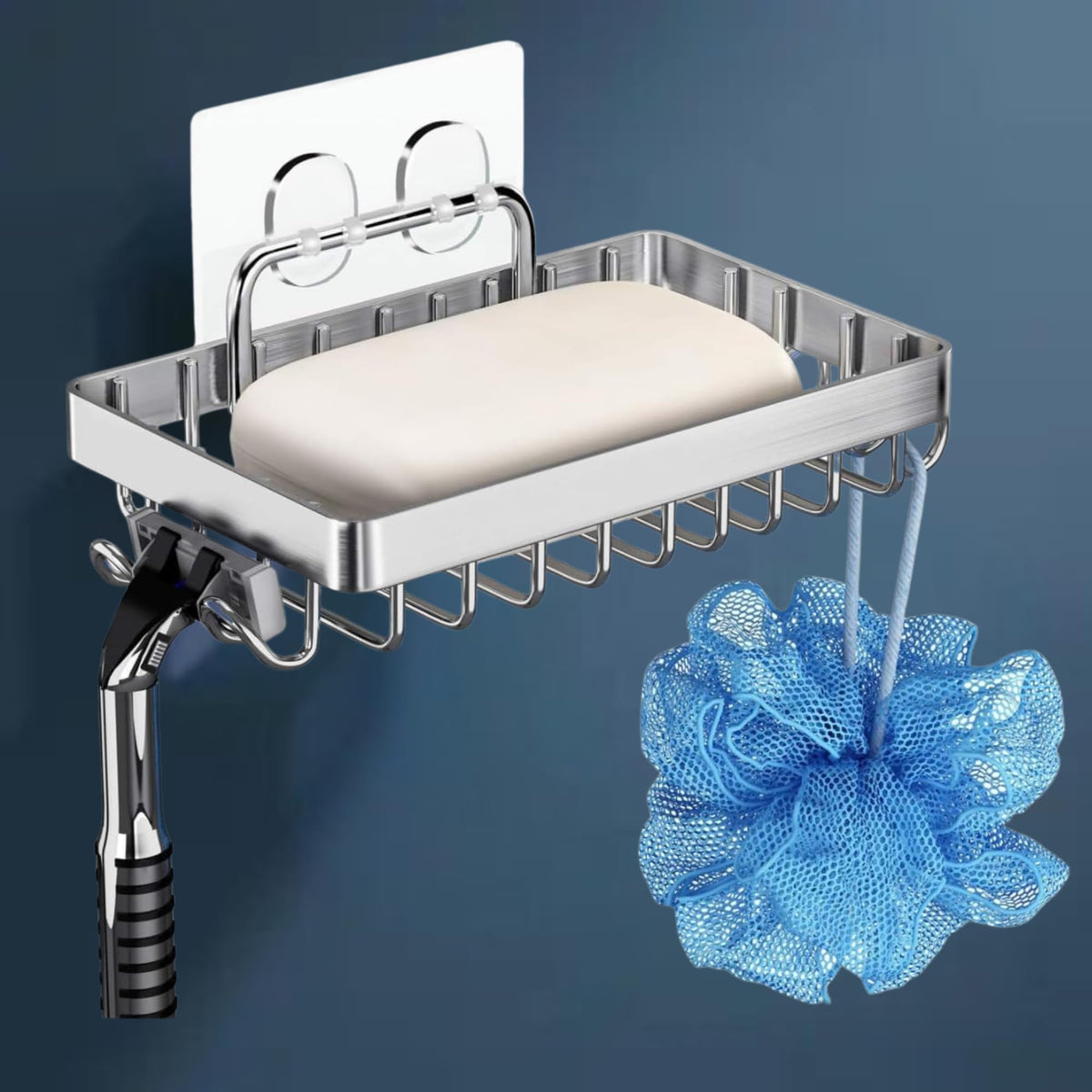 LuxMart Soap Holder for Bathroom, 304 Grade Stainless Steel Self Adhesive Wall Mounted Soap Tray with 4 Hooks, Soap Dish Case Wa