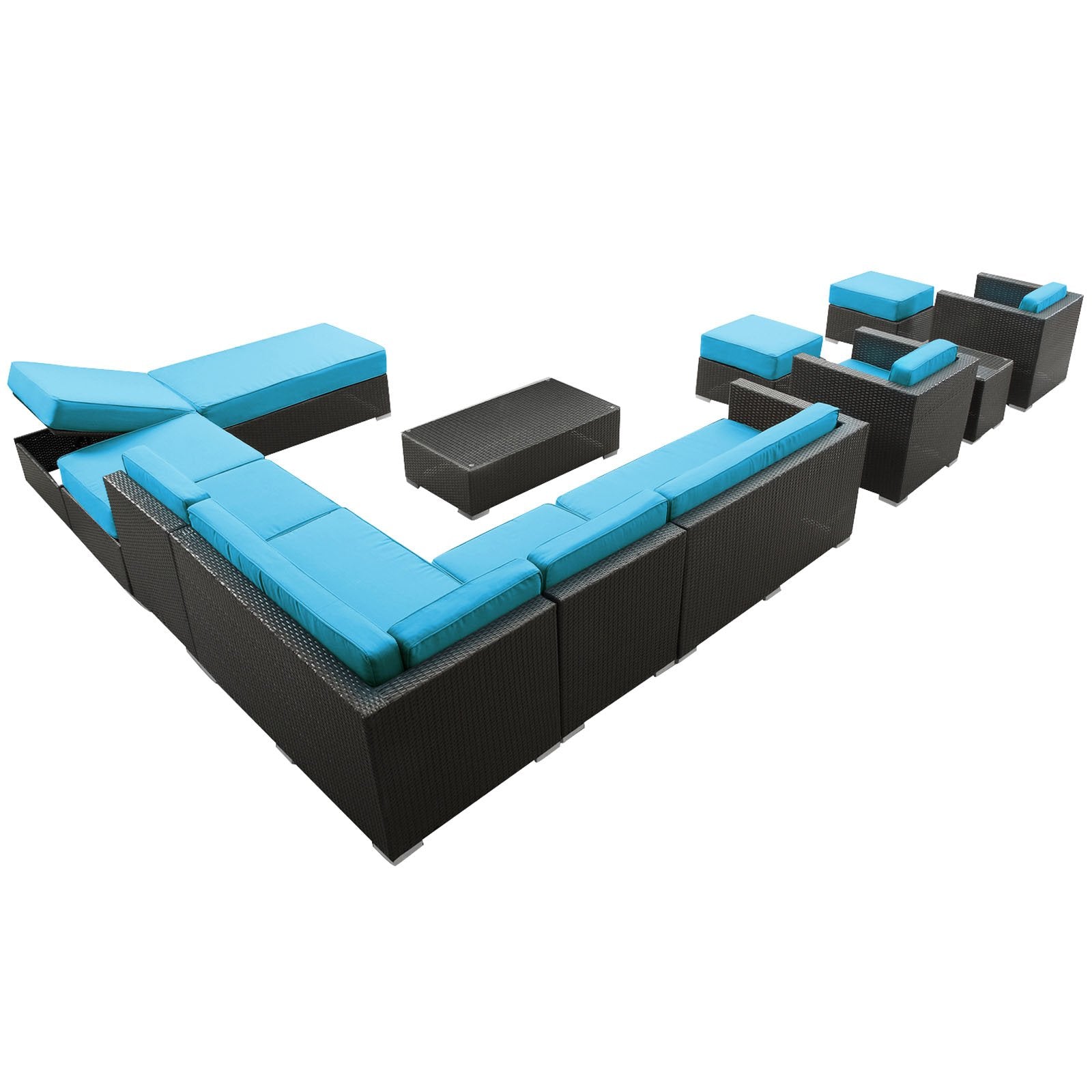 Modway Fusion 12-Piece Outdoor Rattan, Espresso With Turquoise Cushions