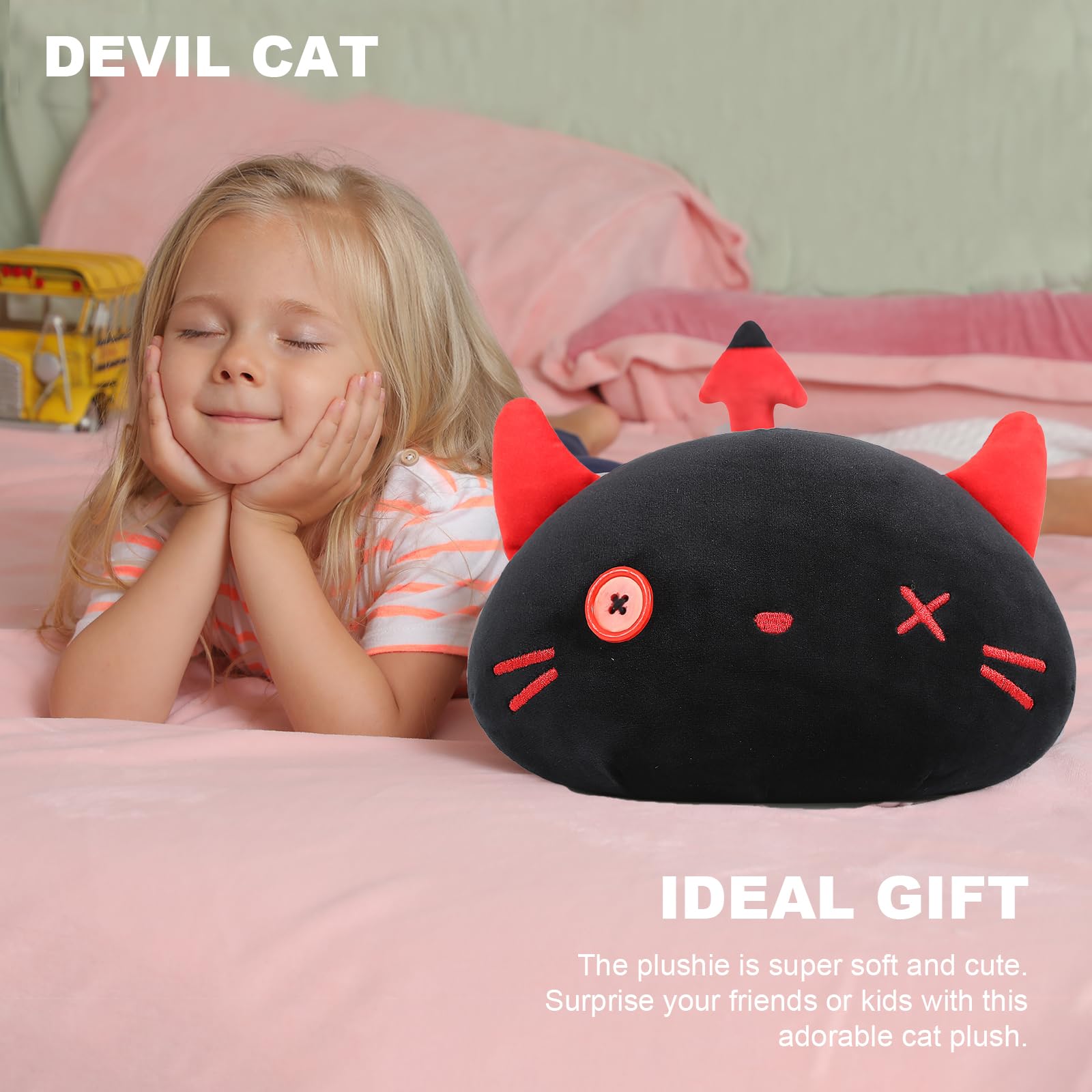 Onsoyours Cute Kitten Plush Toy Stuffed Animal Black Kitty Soft Anime Cat Plush Pillow For Kids (Devil Cat, 12')