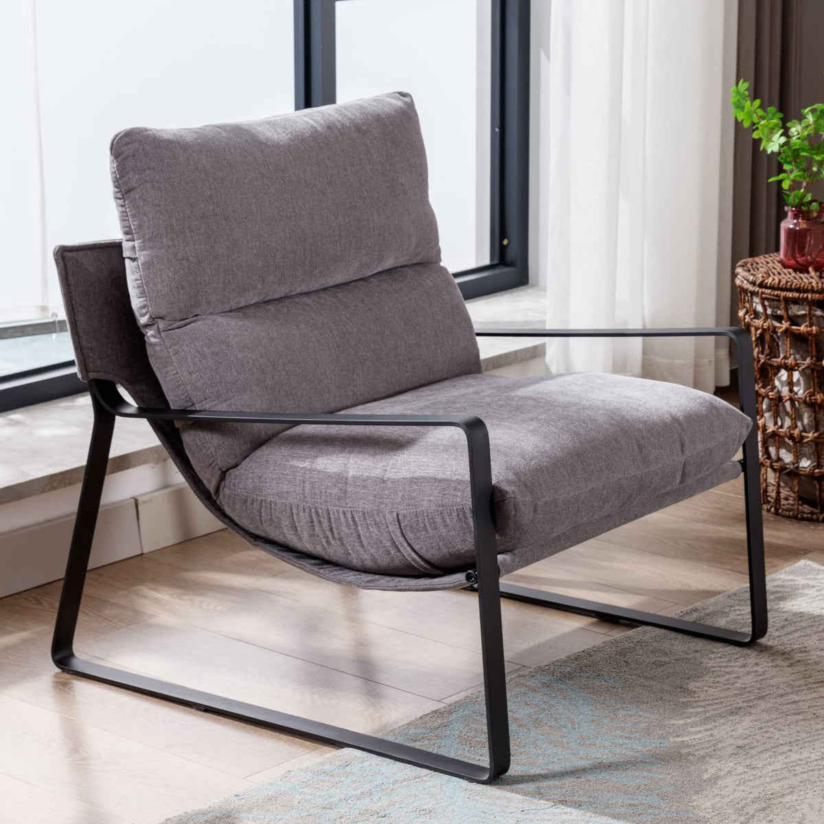Lukealon Modern Linen Accent Armchair, Upholstered Living Room Chair With Metal Base Thickened Cushion Single Sofa Chair Comfy L