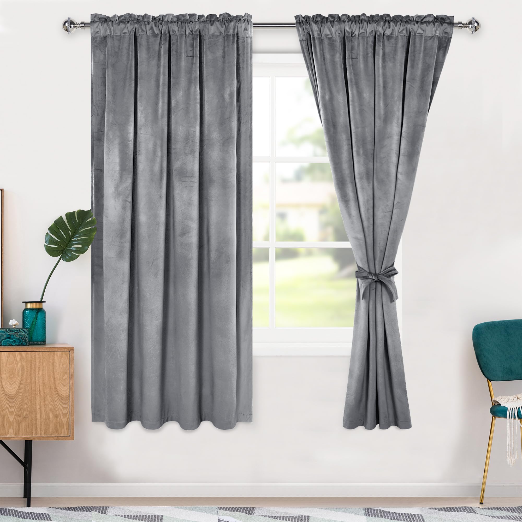 Hiasan Grey Velvet Curtains 63 Inch Blackout Rod Pocket Thermal Insulated Soft Curtains Room Darkening Window Drapes With Tiebac