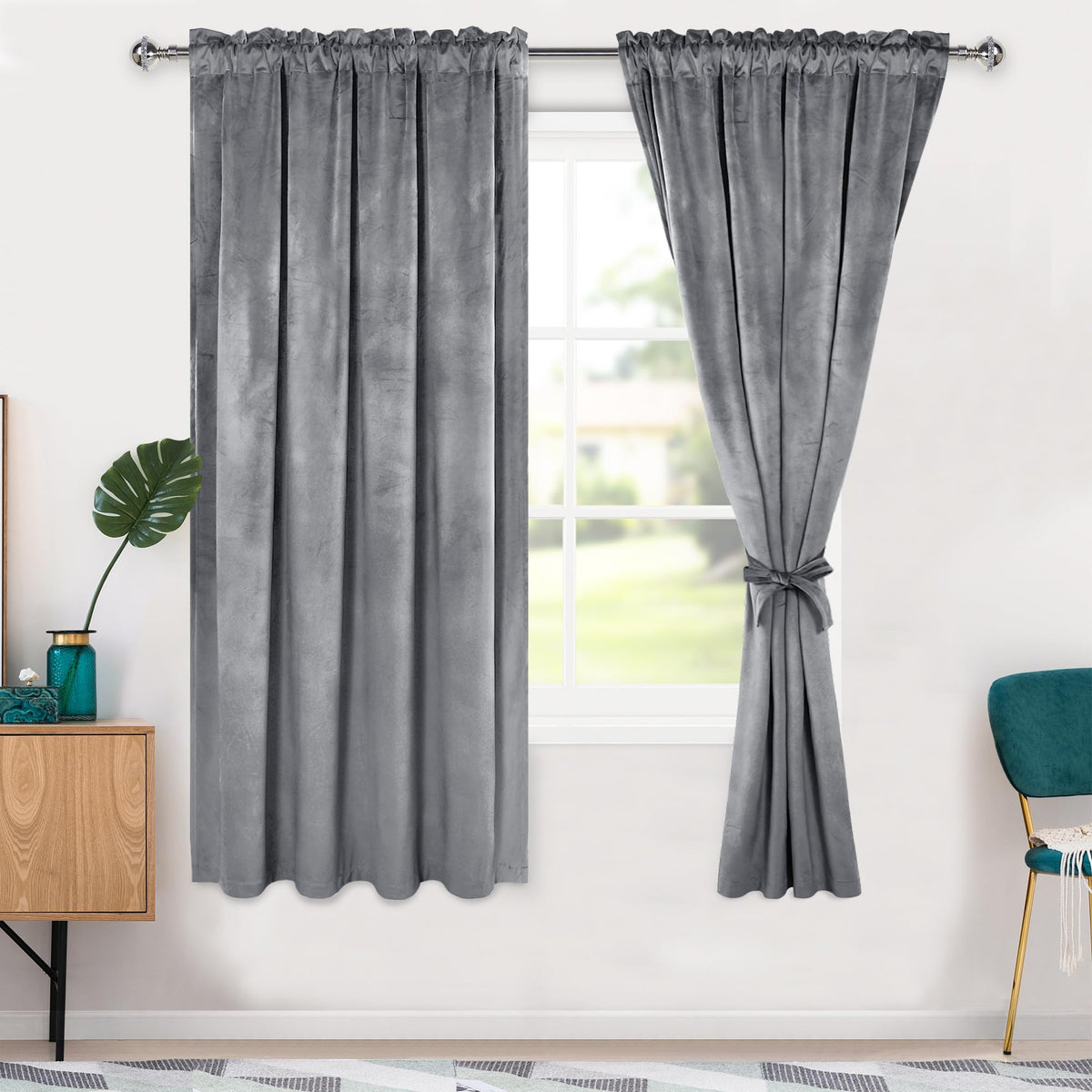 Hiasan Grey Velvet Curtains 72 Inches-Blackout Thermal Insulated Solid Soft Curtains For Bedroom Living Room Rod Pocket Room Dar