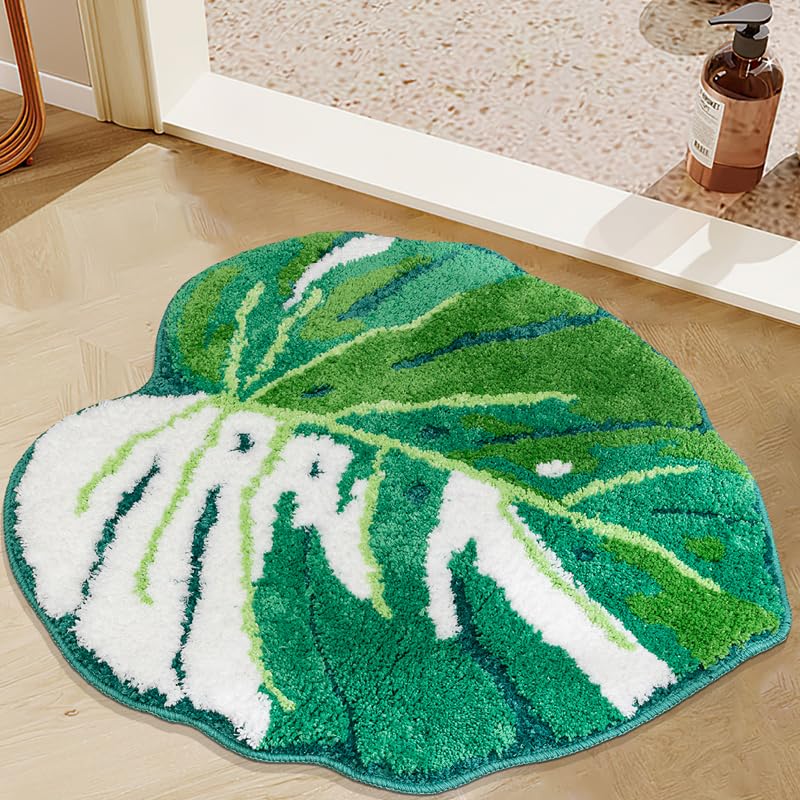 Sisher Monstera Leaf Rug Large Monstera Tufted Non Slip Mat Plant Bathroom Rug Kids Rug For Bedroom Fun Mat Cute Rug (Monstera A