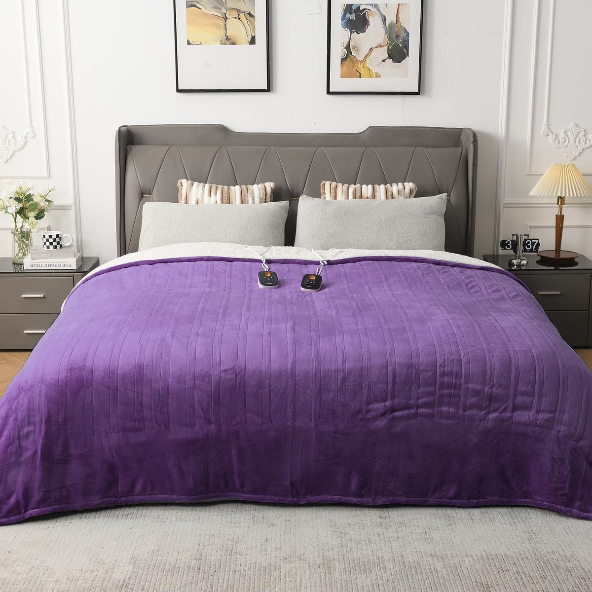 Woomer [5-Year Warranty] Heated Blanket King Size,Durable Flannel And Soft Sherpa,Dual Control,90       100    Electric Blanket,