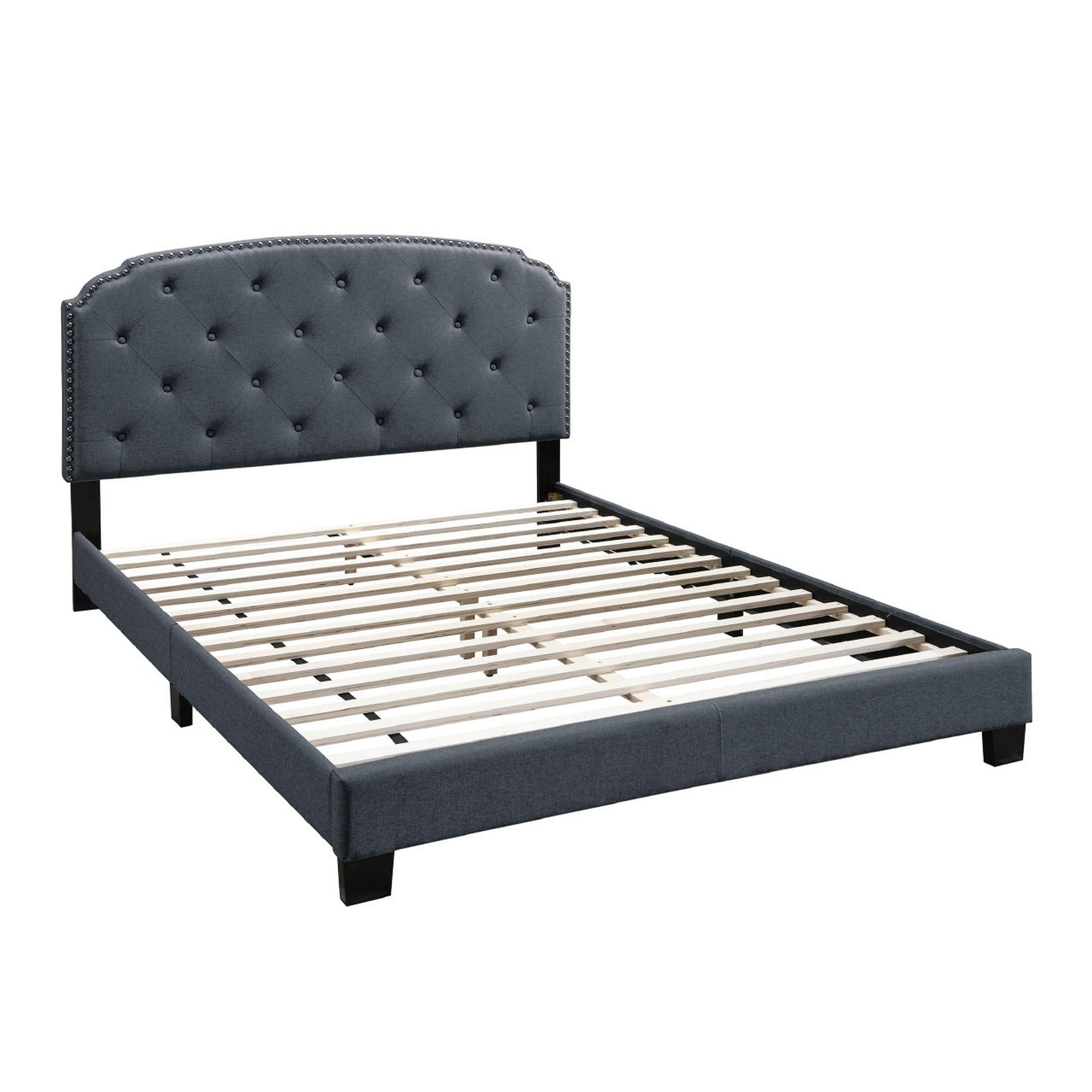 Benjara BM232030 Queen Bed with Button Tufted Scalloped Headboard, Grey