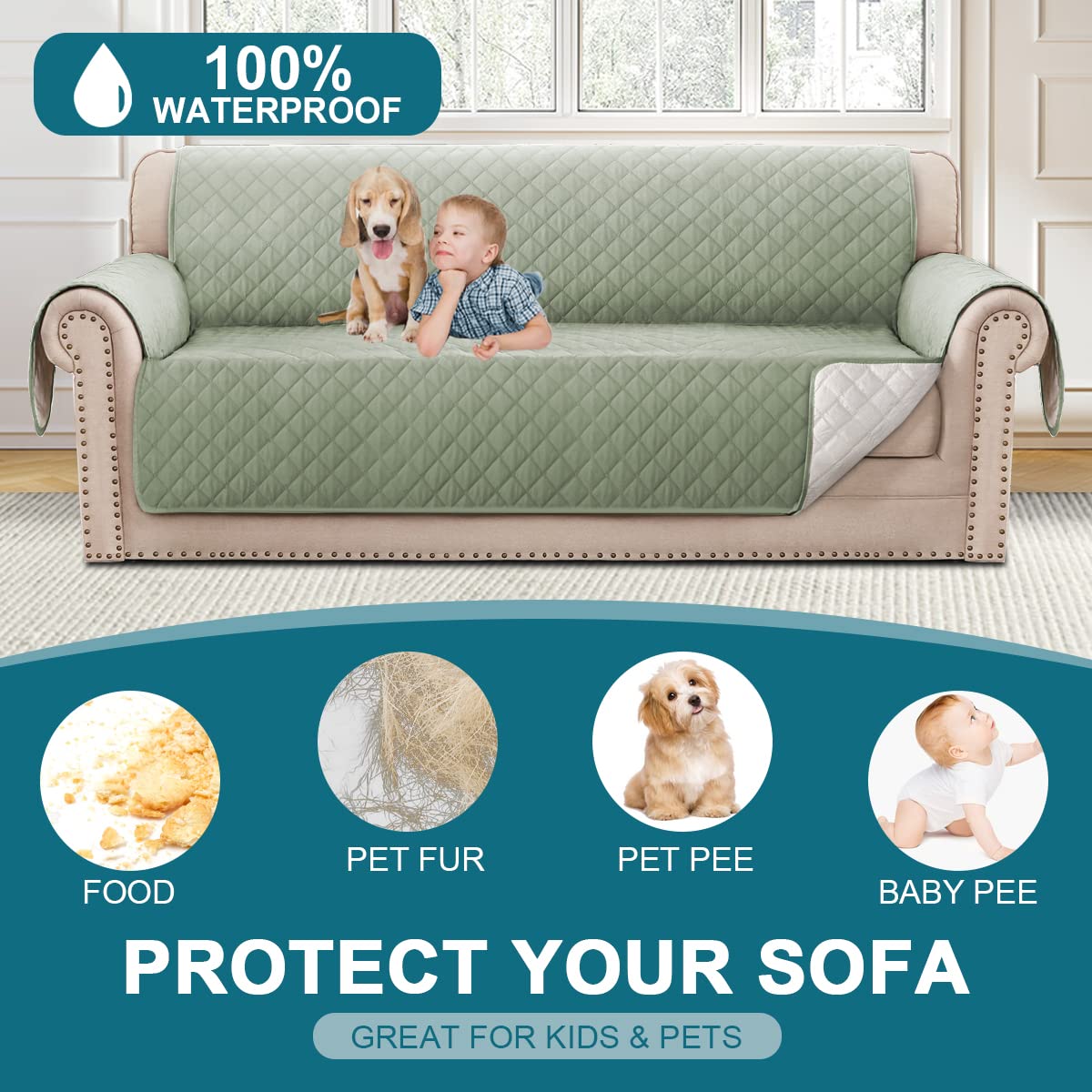 Turquoize 100% Waterproof Couch Cover Sofa Covers Washable Couch Covers For 3 Cushion Couch Sofa Pet Friendly Triple Non-Slip Co