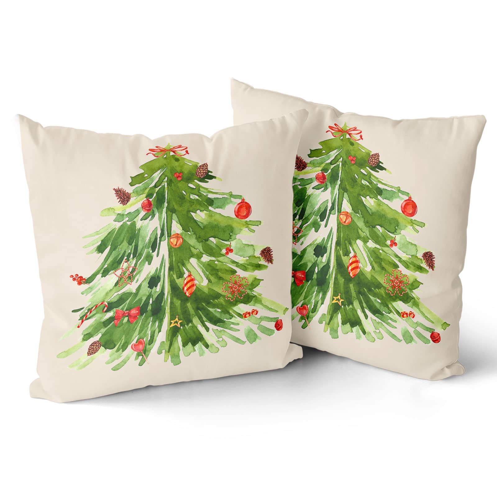 Kawani Watercolor Christmas Tree Throw Pillow Covers 20X20 Inch Green Xmas Tree Decorative Square Pillow Cases Set Of 2 Winter H