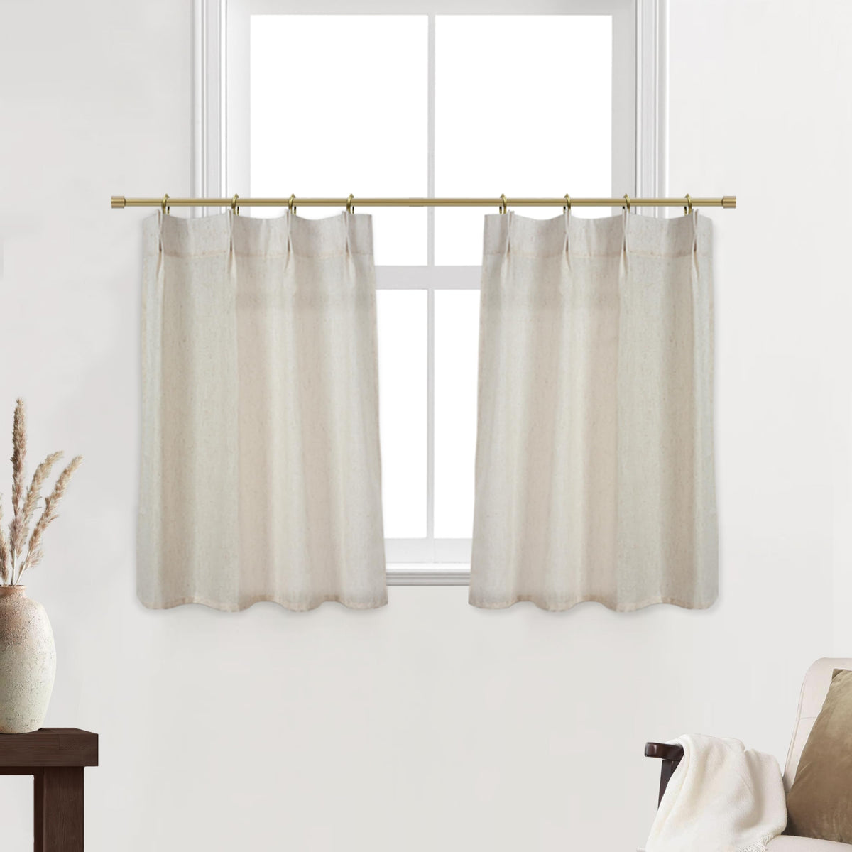 Rustic Curtains For Kitchen Window,Small Linen Country Curtains For Farmhouse Living Room Bathroom Decor,Oatmeal Beige,36 Inch L