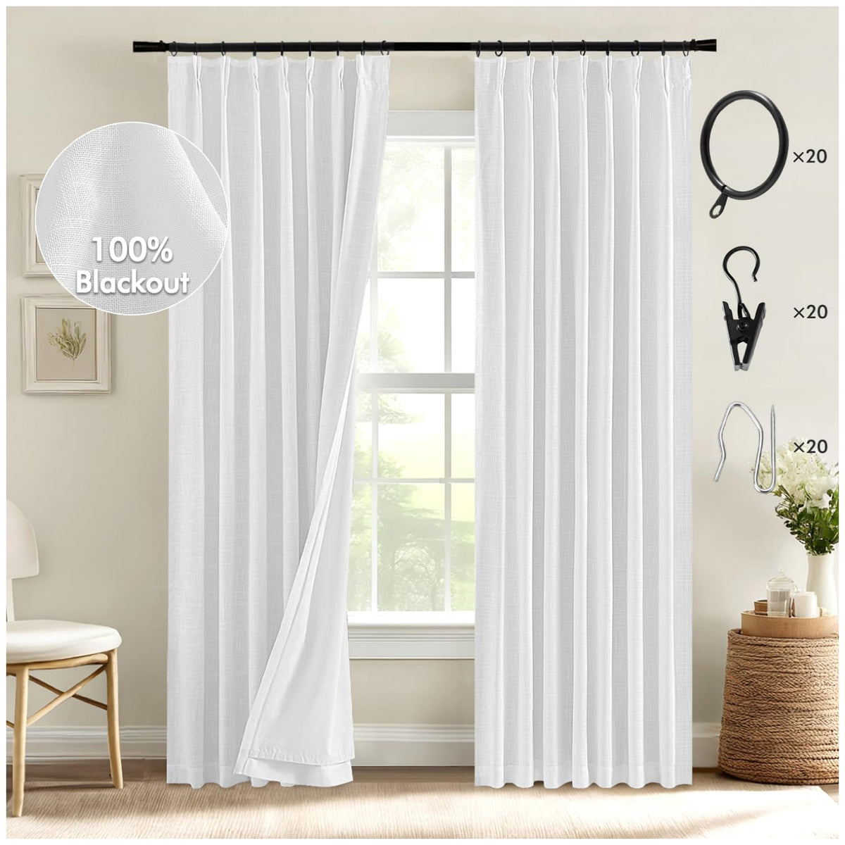 MIULEE White Pinch Pleated 100% Blackout Linen Curtains 90 Inch Length 2 Panels Set, Pleat Curtains with Pin Hooks, Black Out Li