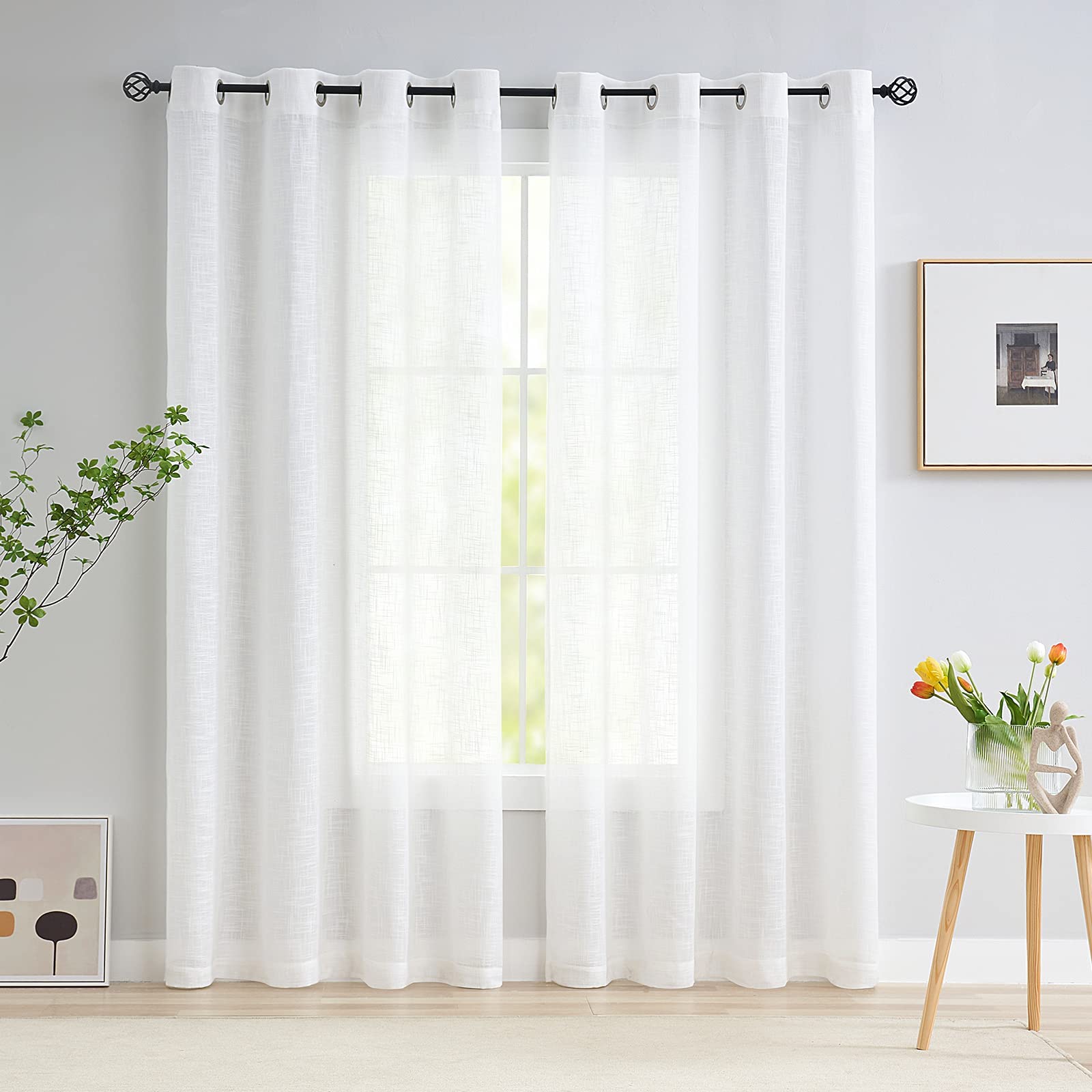 Treatmentex Linen White Semi Sheer Curtains For Living Room 84Inch Long Light Filtering Linen Textured Look Window Curtain Panel