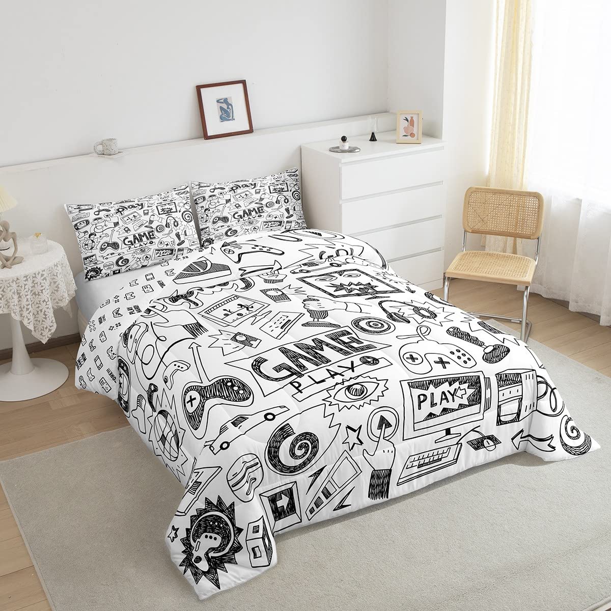 Erosebridal Gaming Comforter Set Twin, Kids Gamepad Cartoon Bedding Set Video Games Gamers Duvet Set Hip Hop Graffiti Quilt Set