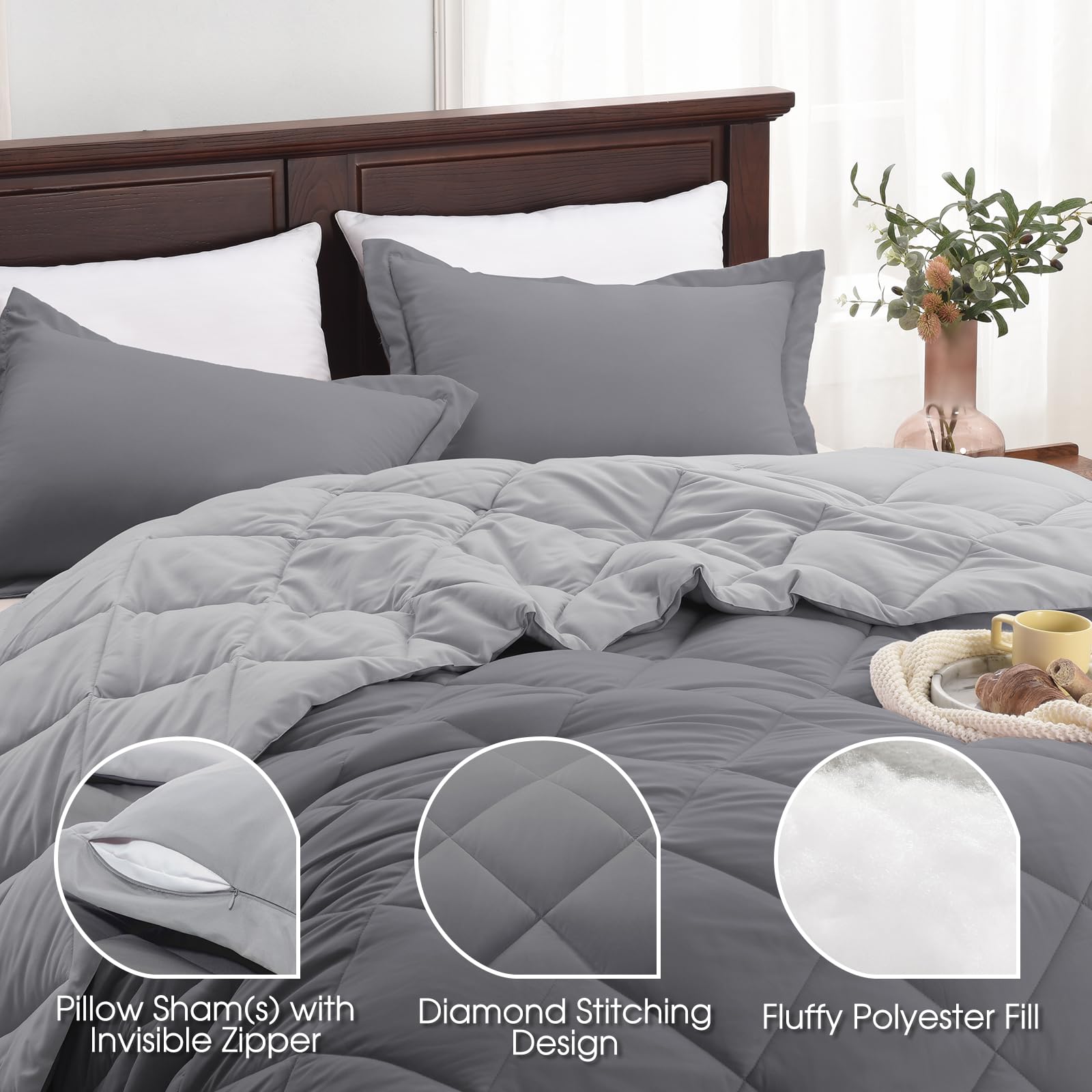 Basic Beyond California King Comforter Set Reversible Cal King Comforter Set, Grey Comforter Set California King For All Seasons, 1 Comforter 106'X92' And 2 Pillow Shams 20'X36'+2'