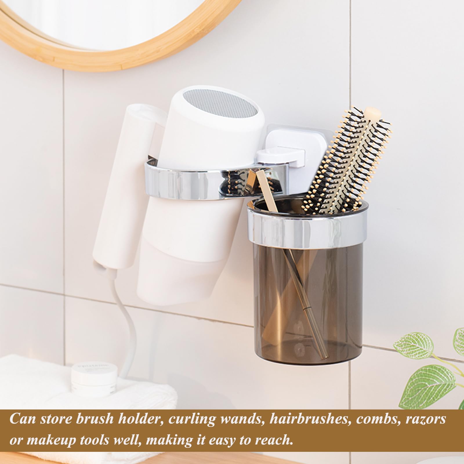 Raikedr Hair Dryer Holder, Bathroom Hair Dryer Holder With Storage Tray, Hair Care Tools Holder Wall Mount - Extra Large Rim (Si