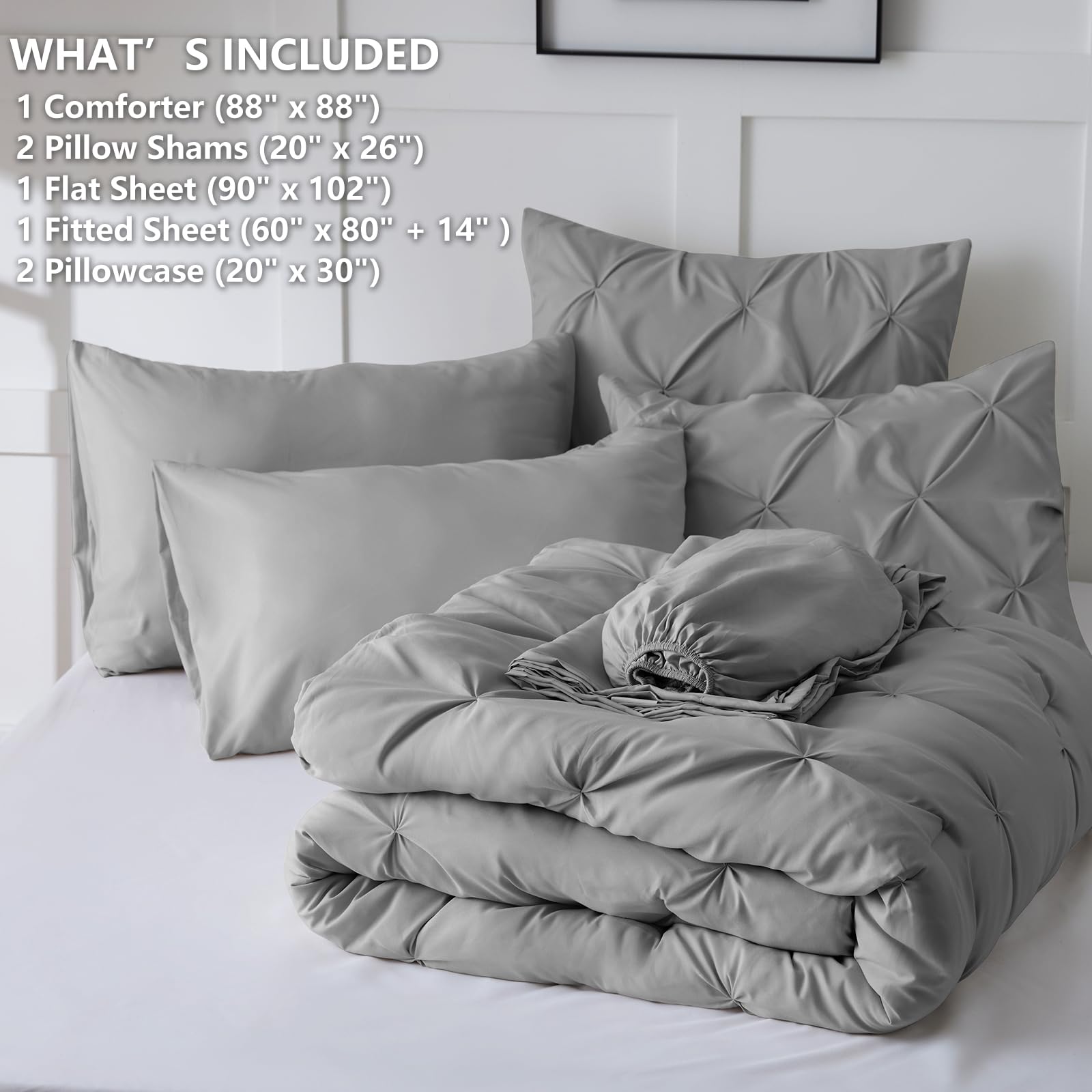 Himeet Gray Comforter Set Queen 7 Pieces Bedding Set Pintuck Queen Bed In A Bag Set Pinch Pleat Queen Size Bed In A Bag Grey