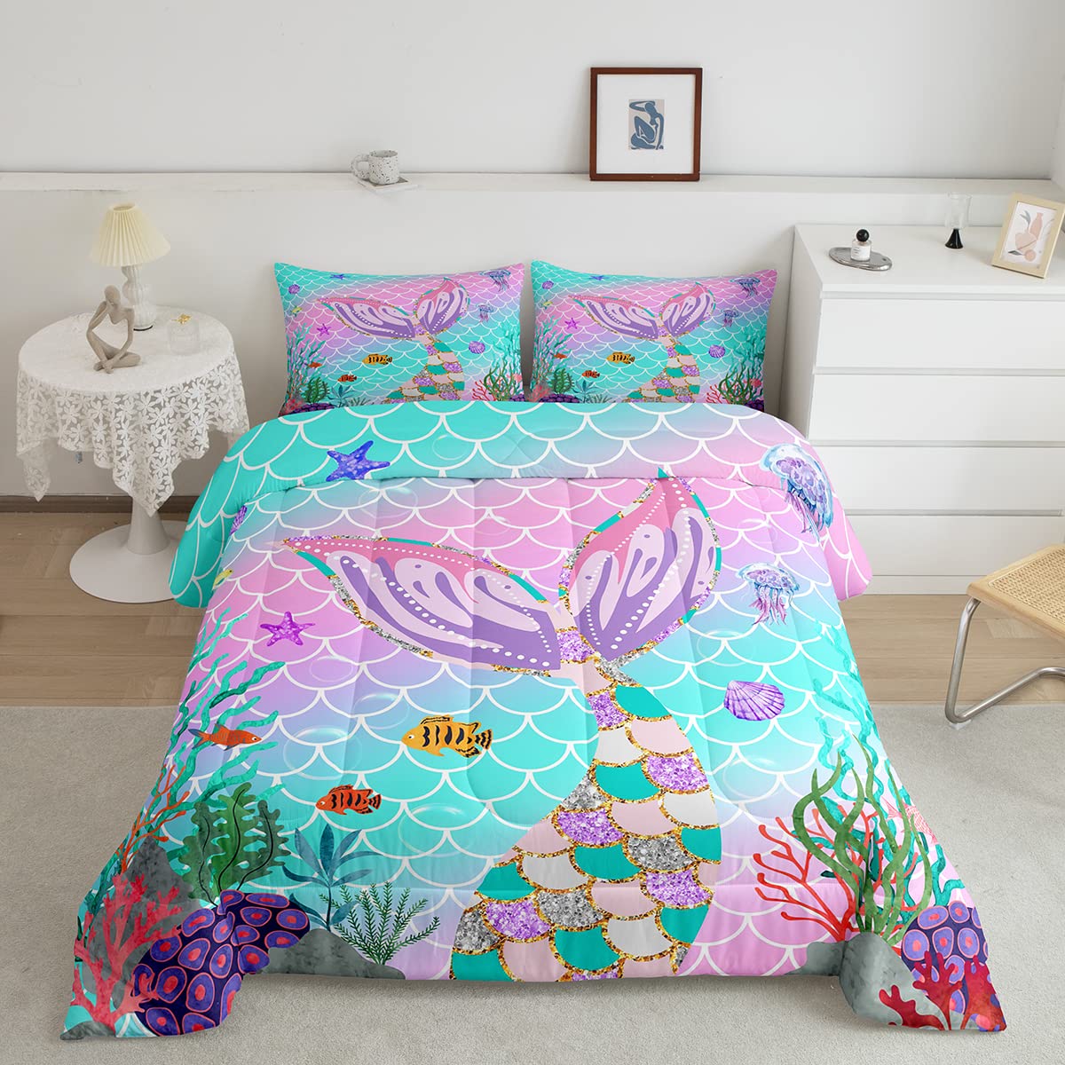 Erosebridal Mermaid Tail Comforter Set,Kids Fish Scales Duvet Stuffing Full,Girly Rainbow Bedding Set Ocean Life Sea Animal Bed Quilt Teal Sequins Pastel Pink Paillette Bedroom Decor,Multicolor