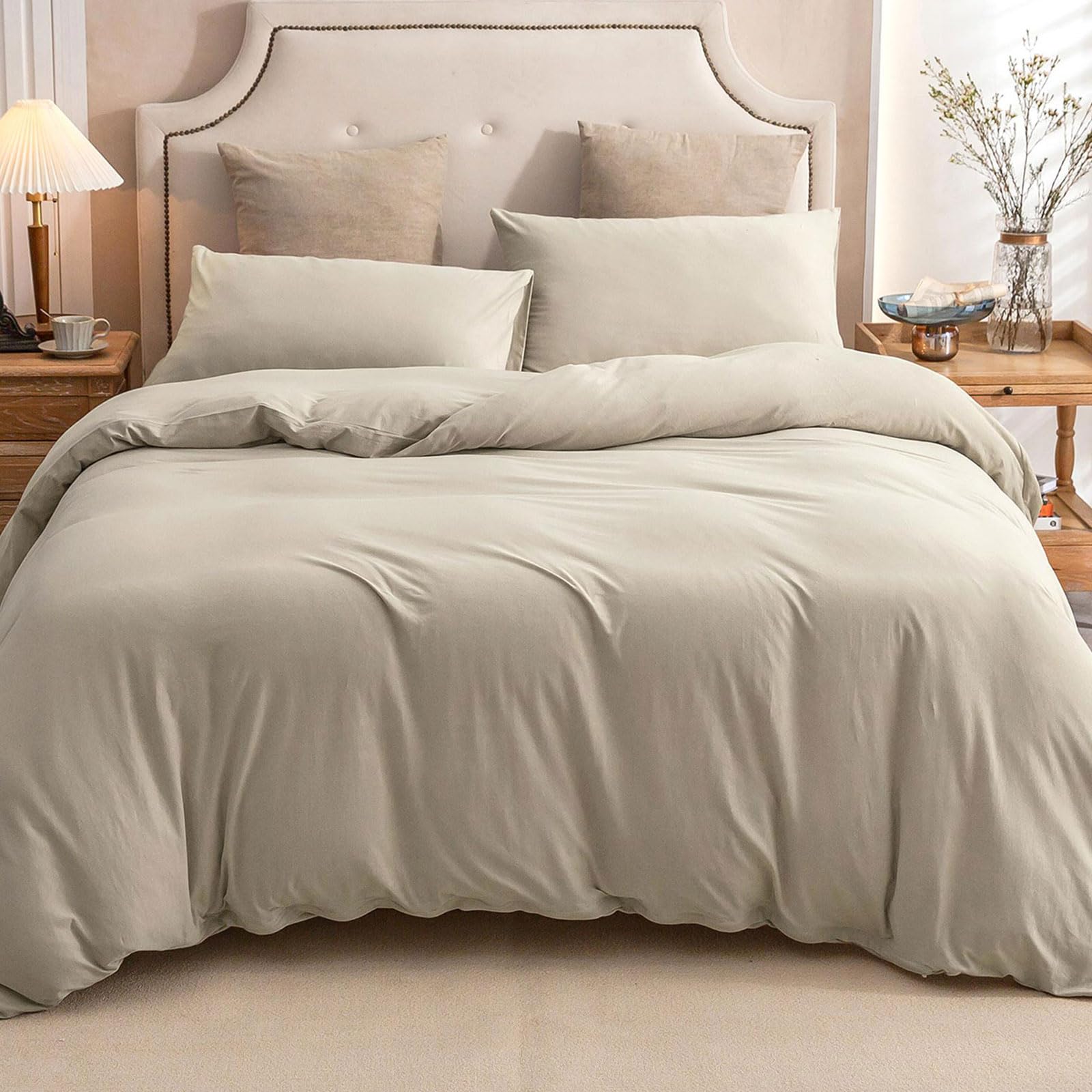 Pure Era Jersey Knit Duvet Cover Set 100% T-Shirt Cotton Super Soft Comfy 3Pc Bedding Set With Zipper Closure (Solid Linen, Full