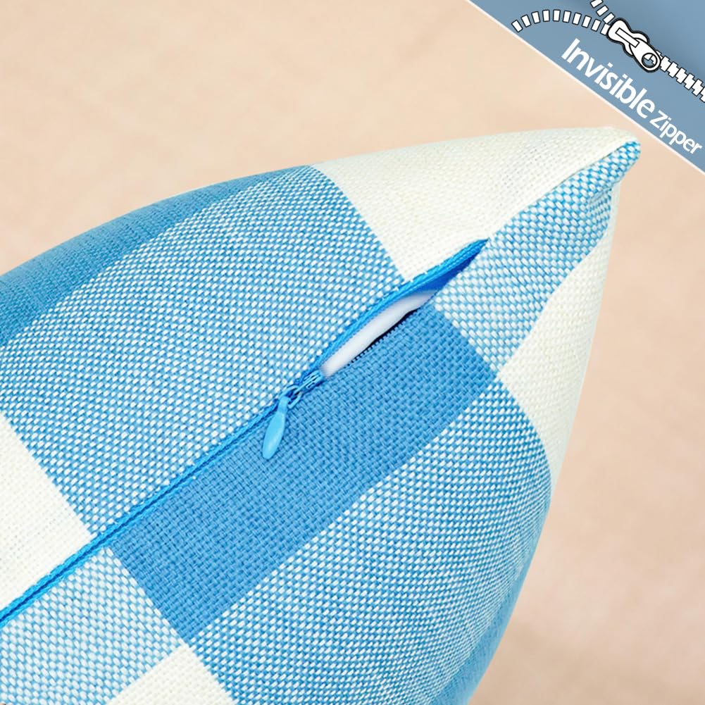 Carrie Home Light Blue And White Buffalo Check Plaid Lumbar Pillow Covers 12X20 Set Of 2, Light Blue Checkered Summer Outdoor Lu