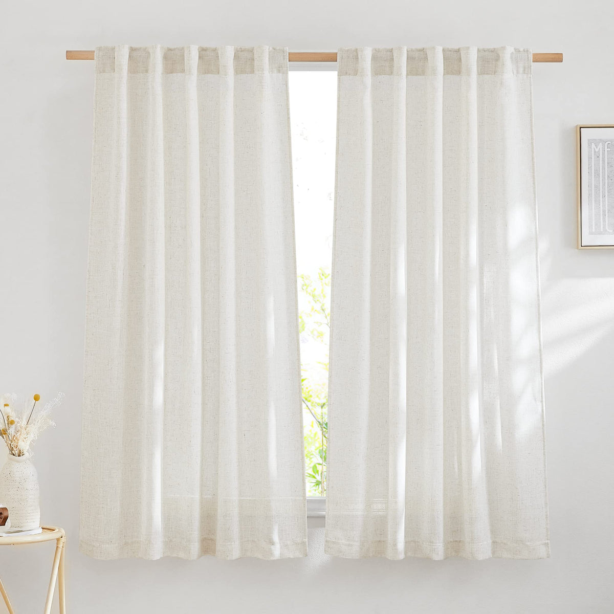 Nicetown Bedroom Curtains Natural Linen Burlap, Rustic Rod Pocket & Back Tab Semi Sheer Flax Linen Weve Drapes Privacy With Ligh