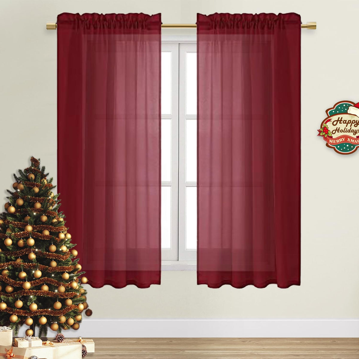 Dwcn Christmas Burgundy Sheer Curtains Semi Transparent Voile Rod Pocket Curtains For Bedroom And Living Room, 52 X 72 Inches Lo