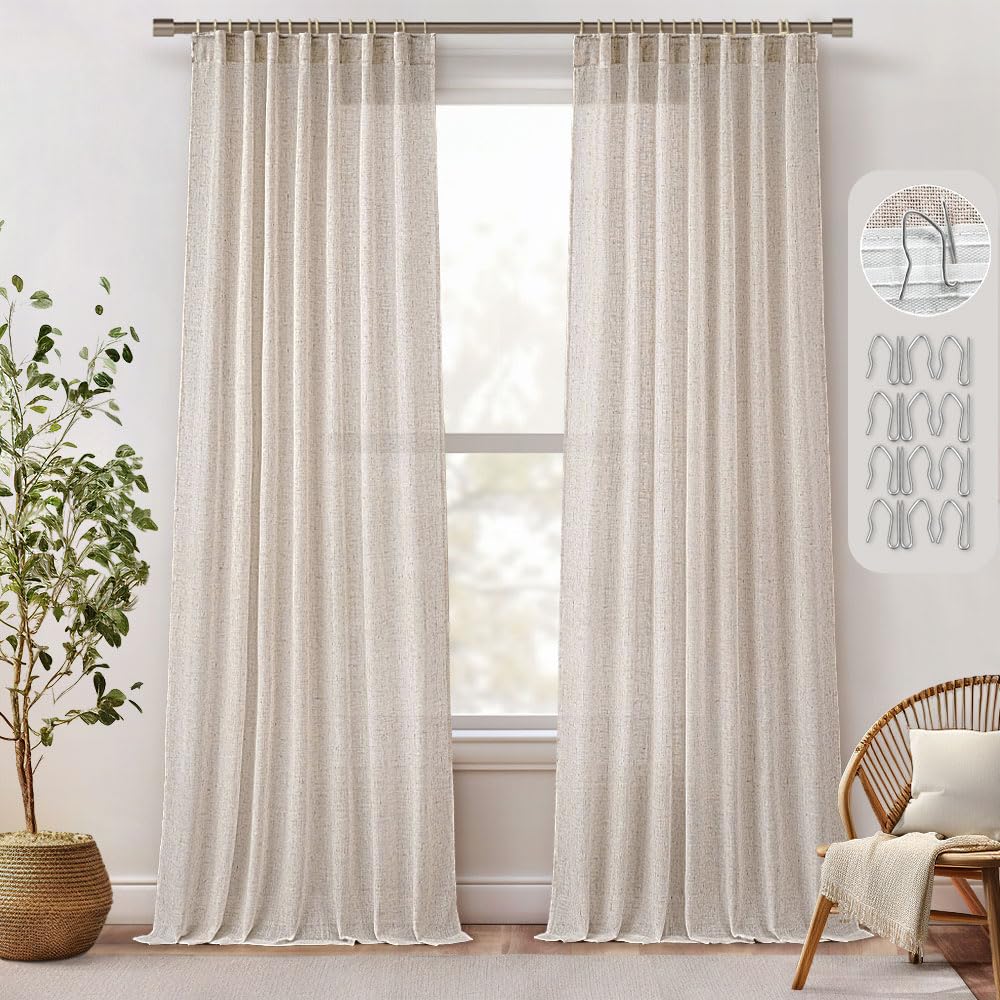 Miulee Natural Linen Curtains 90 Inches Long 2 Panels, Back Tab & Pleated Tape Soft Thick Linen Textured Window Drapes With Hooks Bedroom Living Room Semi Sheer Light Filtering Neutral Cream Ivory