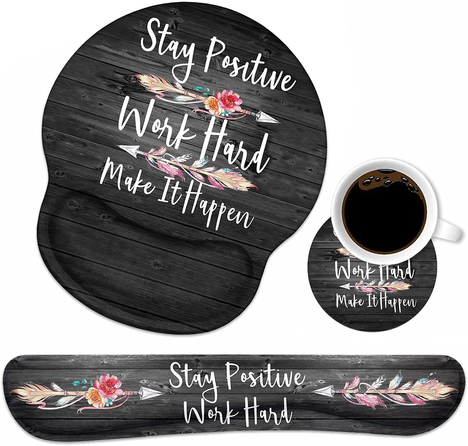 Keyboard Wrist Rest And Mouse Pad Wrist Support Set With Coasters, Stay Positive Work Hard And Make It Happen Inspirational Quot