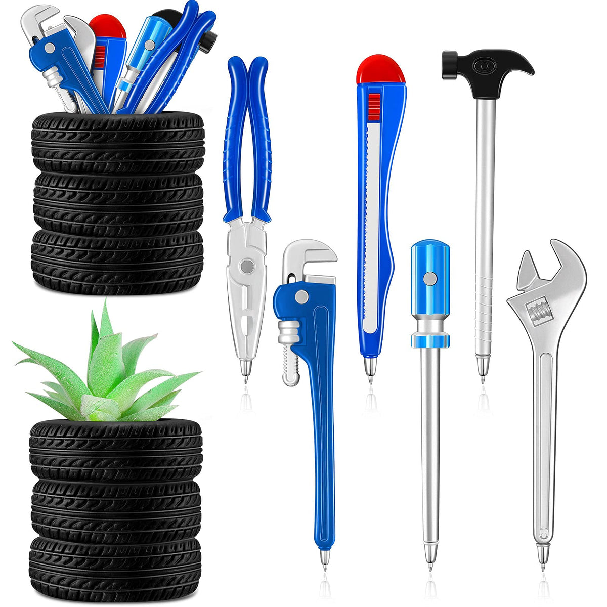 Zonon 6 Pieces Novelty Tool Pens Set With 2 Pieces Tire Shaped Pen Holder Writing Ballpoint Pens For Office Home School Supplies