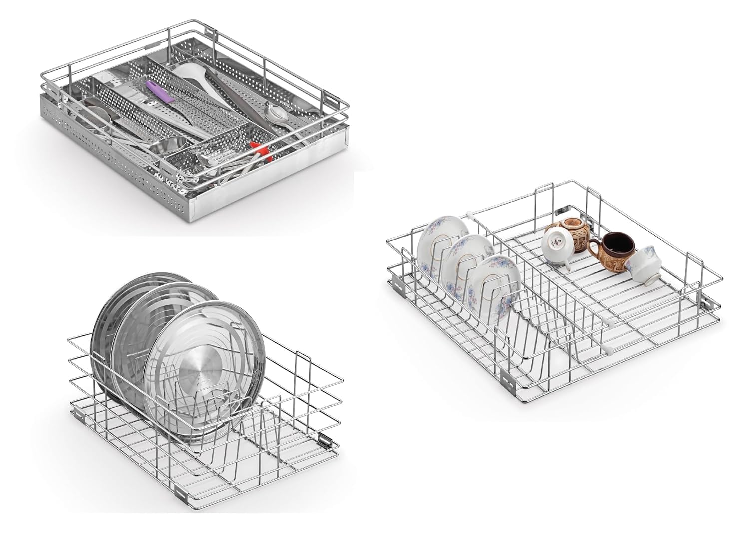 Toro Set Of 3 Stainless Steel Kitchen Basket For Modular Kitchen/Kitchen Trolley/Kitchen Drawer/Kitchen Cabinet/Utensils Storage