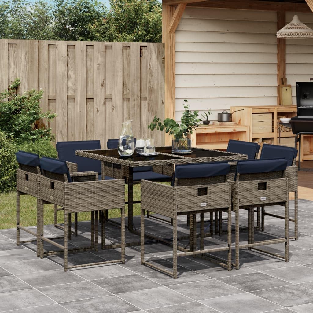 vidaXL Patio Dining Set - 9 Piece Gray Poly Rattan Outdoor Furniture with Cushions for Garden, Backyard, Patio, PE Rattan, Tempered Glass Table Top, Compact Storage