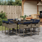 vidaXL Patio Dining Set - 9 Piece Gray Poly Rattan Outdoor Furniture with Cushions for Garden, Backyard, Patio, PE Rattan, Tempered Glass Table Top, Compact Storage